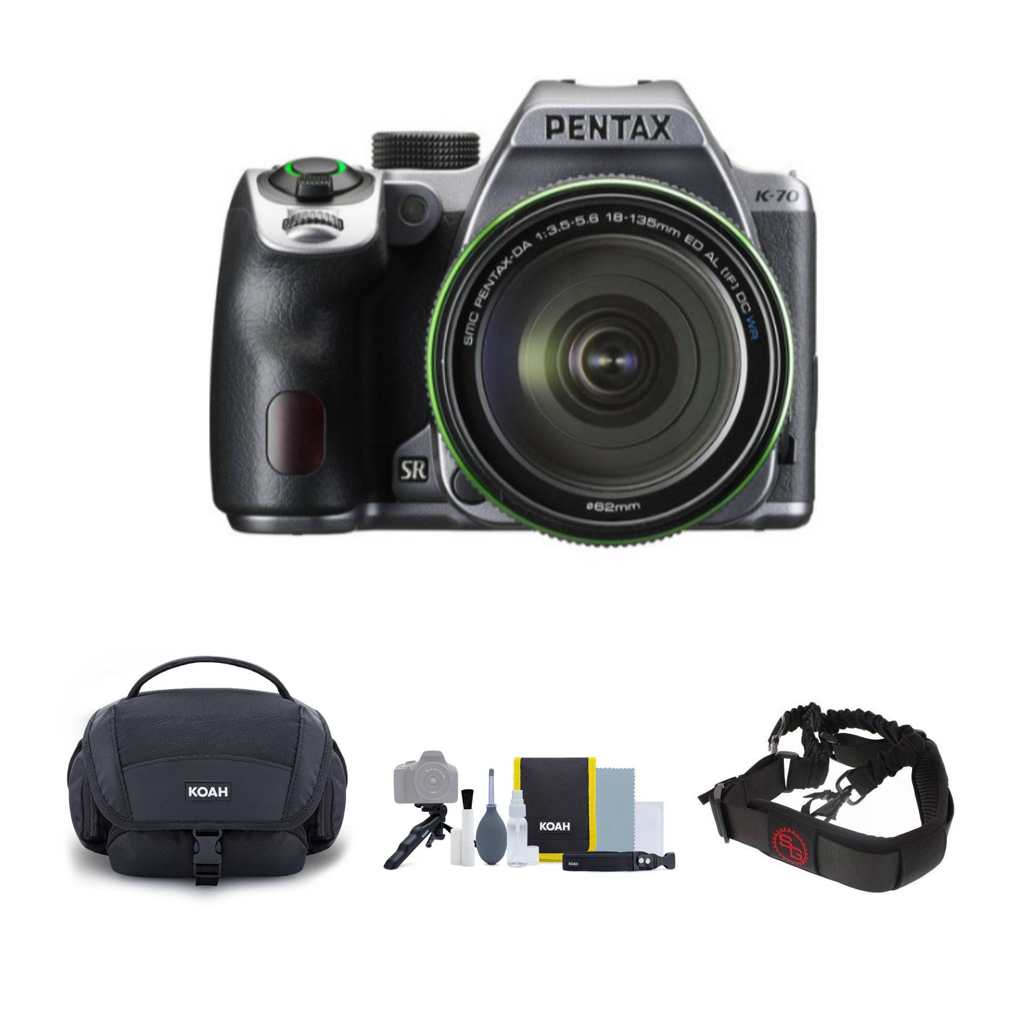 Pentax K-70 DSLR Camera with 18-135mm Lens (Silver) with Accessory Kit and Camera Strap