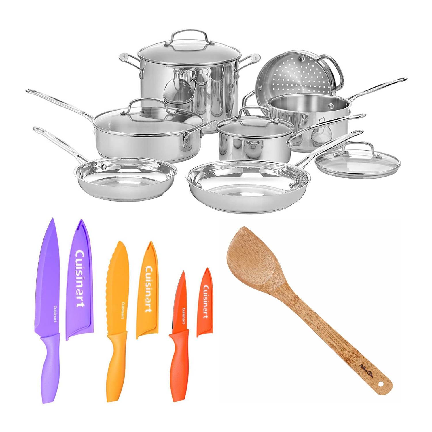 Cuisinart 77-11G Chef's Classic 11-Piece Cookware Set (Stainless) with 6-Piece Nonstick Chef Knife Set and Spatula