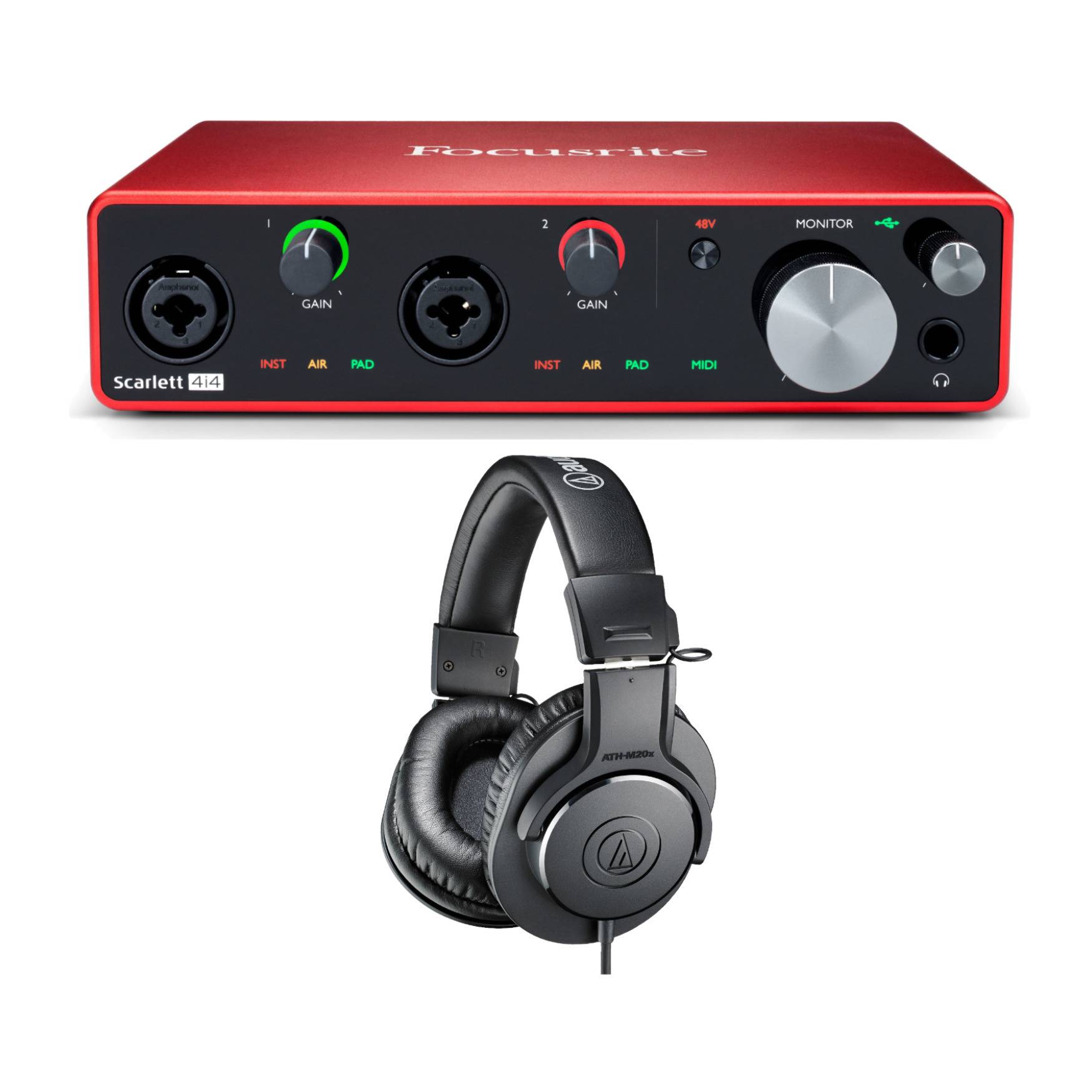 Focusrite Scarlett 4i4 3rd Gen 4x4 USB Audio Interface with Audio Technica ATH-M20x Headphones