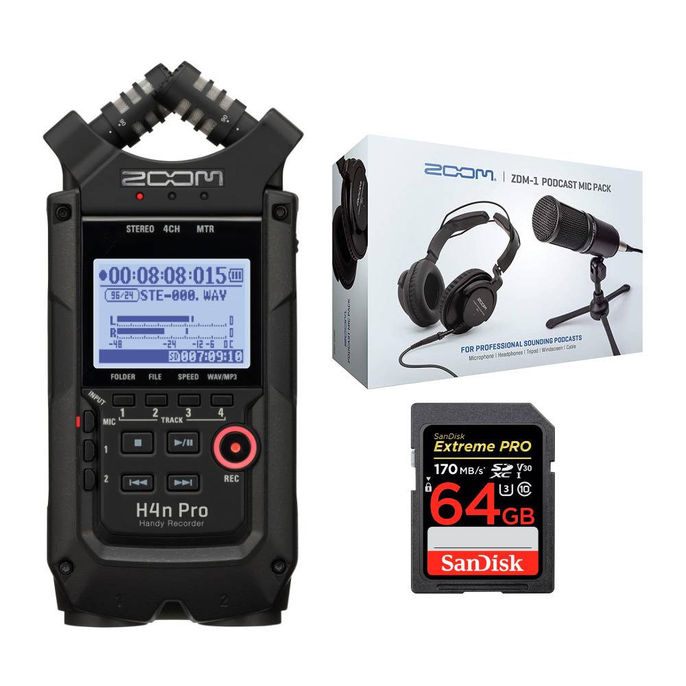 Zoom H4n Pro Handy Recorder (Black) Bundle with Two ZDM-1 Podcast Mic Accessory & 64GB Memory Card