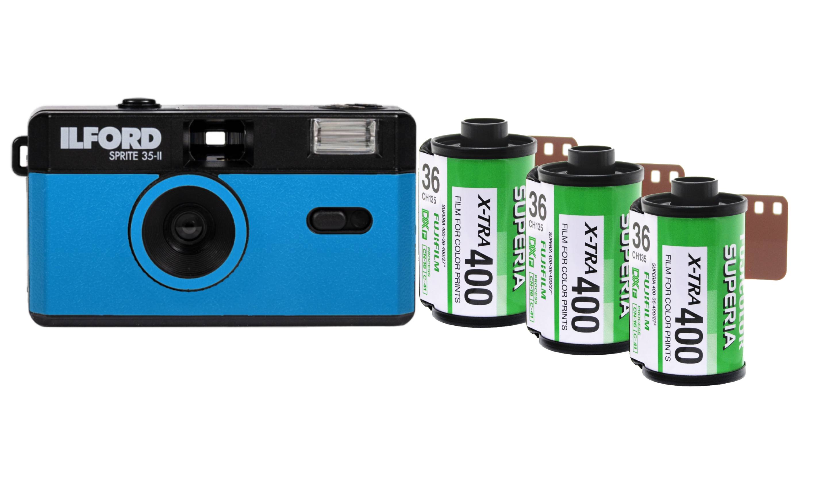 Ilford Sprite 35-II Reloadable 35mm Film Camera (Blue) with 3x Fujicolor Superia X-TRA 400 Film