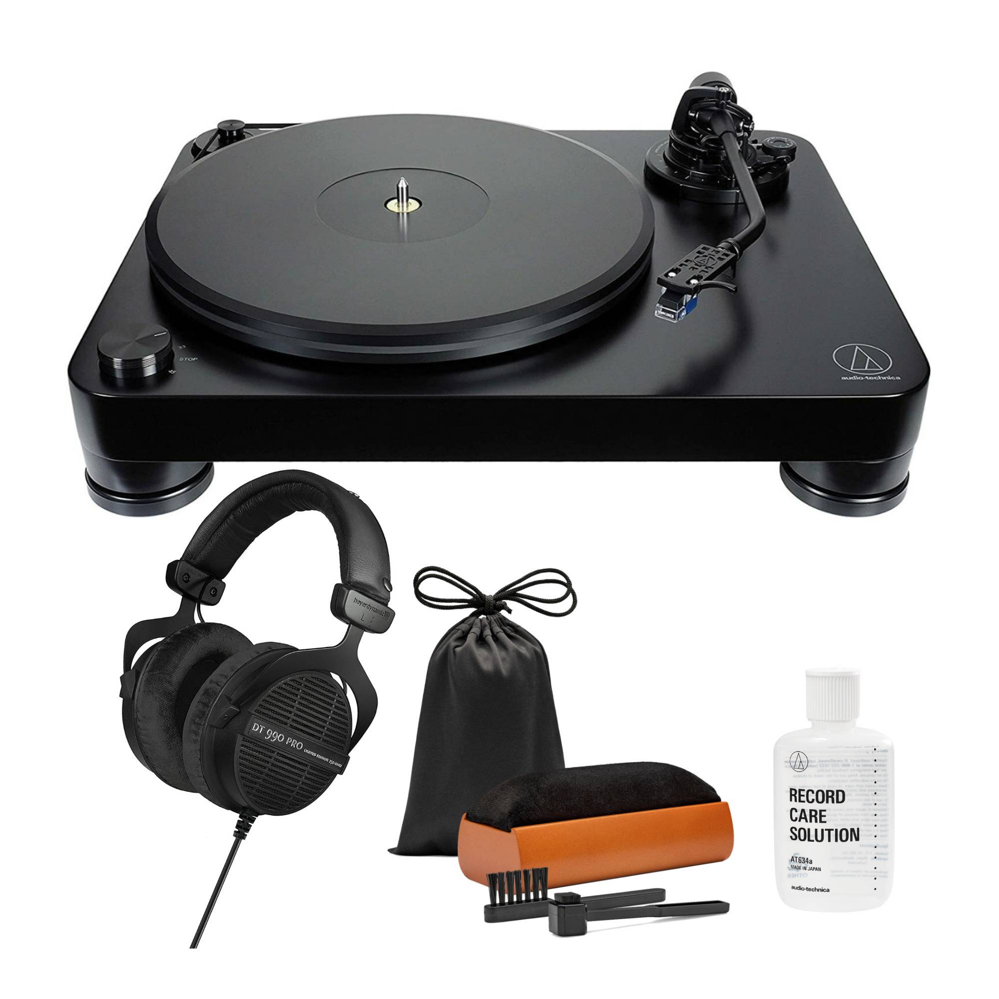 Audio-Technica AT-LP7 Fully Manual Belt-Drive Turntable (Black) with Headphones and Care System