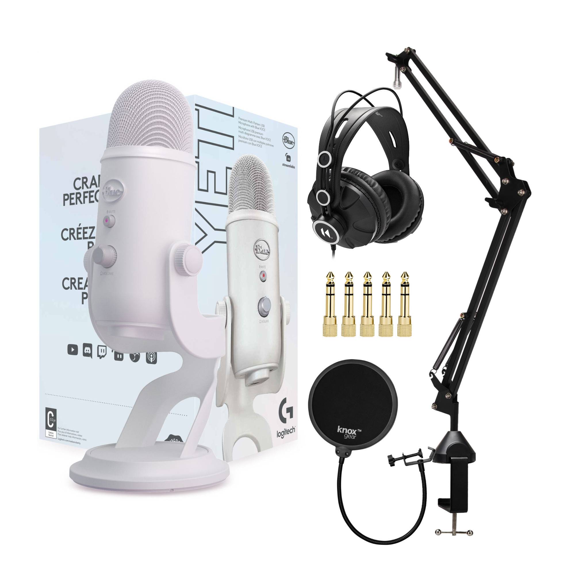 Blue Microphones Yeti USB Microphone (White Mist) with Microphone Stand, Headphones Bundle