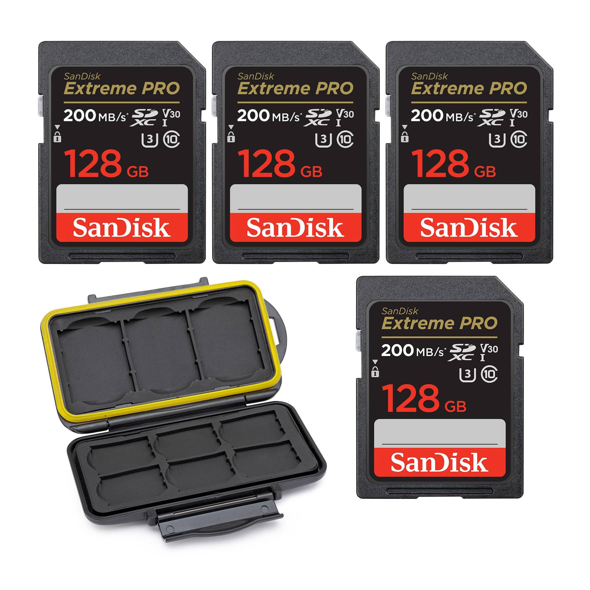 SanDisk 128GB Extreme PRO 200MB/s SDXC UHS-I Memory Card (4-pack) with Koah Pro Memory Case Bundle