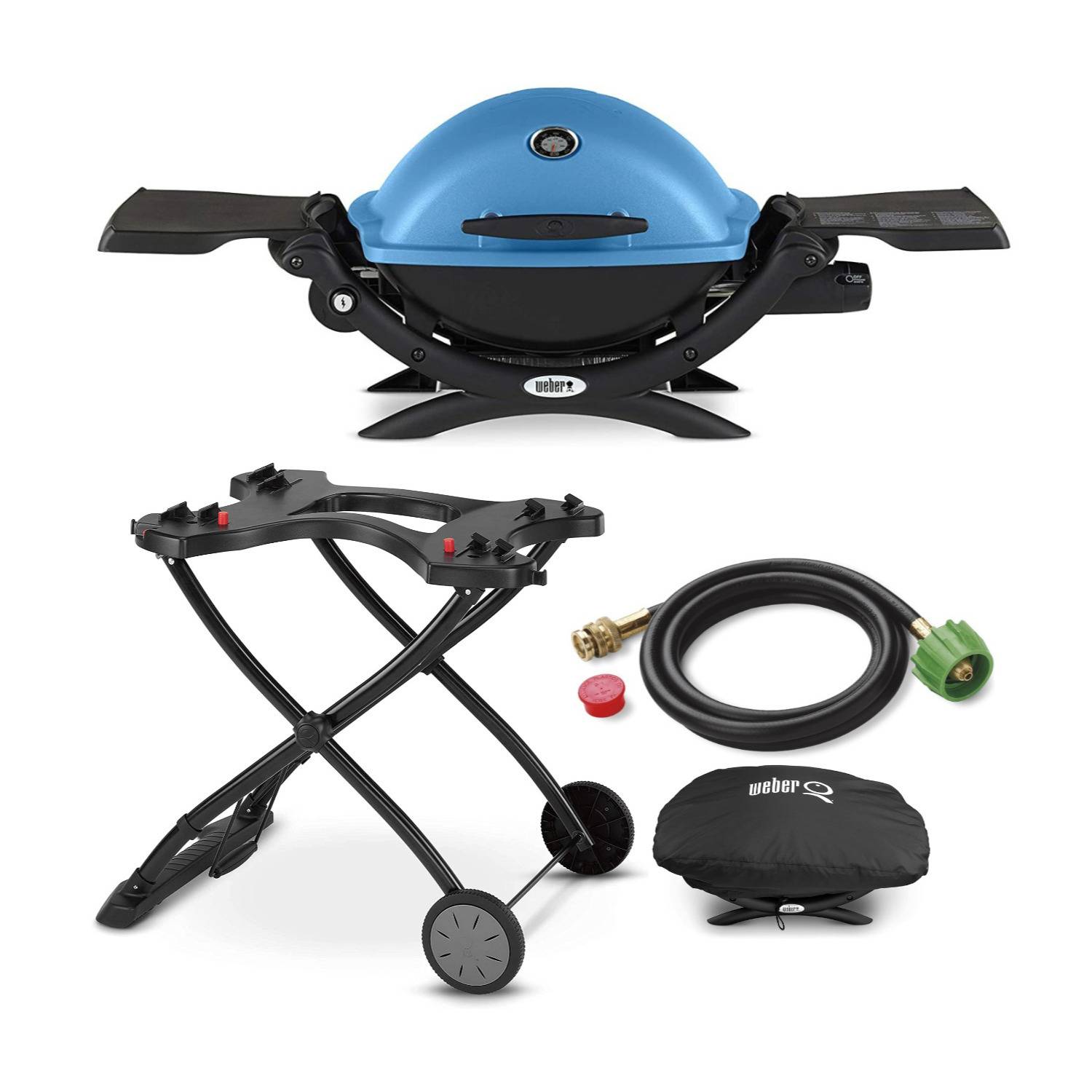Weber Q 1200 Liquid Propane Grill (Blue) with Portable Cart, Adapter Hose and Grill Cover
