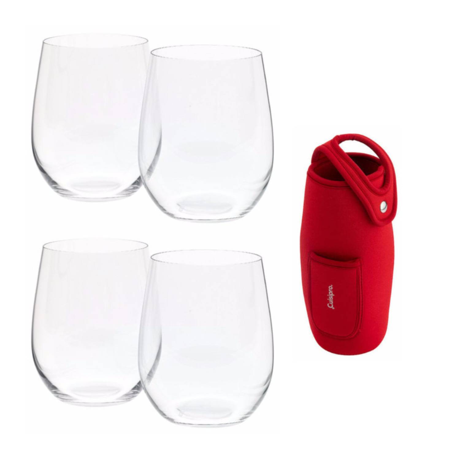 Riedel O Chardonnay/Viognier Wine Tumblers (2-Pack) w/Wine Bottle Holder (Red)