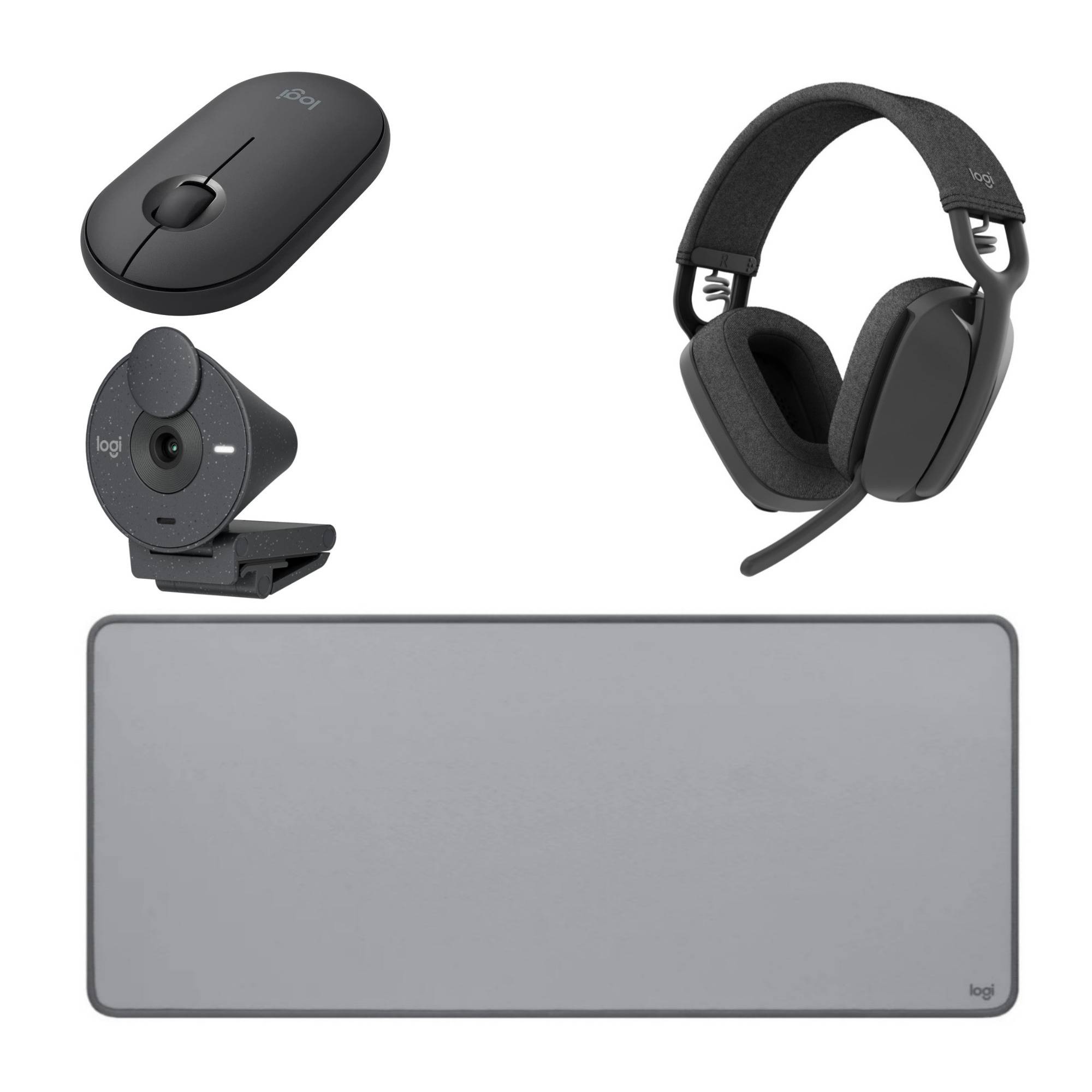 Logitech Zone Vibe 100 Wireless Headphones (Grey) with Webcam, Pebble M350 Mouse, and Desk Mat