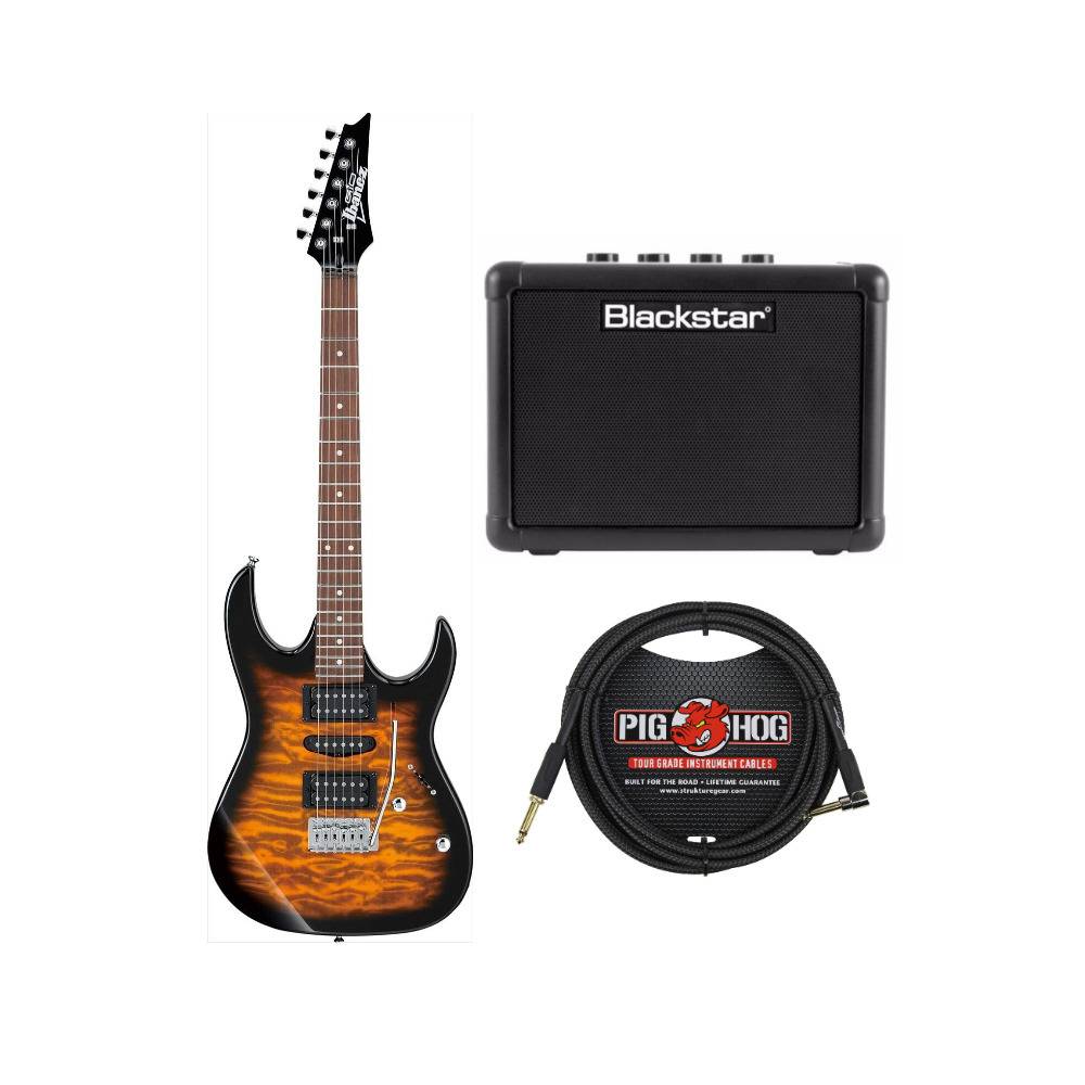 Ibanez GRX70QA GIO 6-String Right-Handed Electric Guitar (Sunburst) Bundle with Amp & 10-Feet Cable
