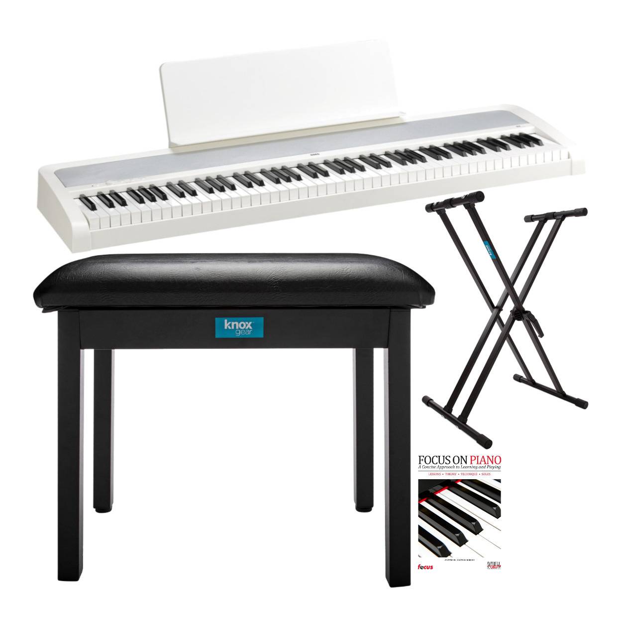 Korg B2 Digital Piano (White) with Piano Bench, Keyboard Stand and Piano Book