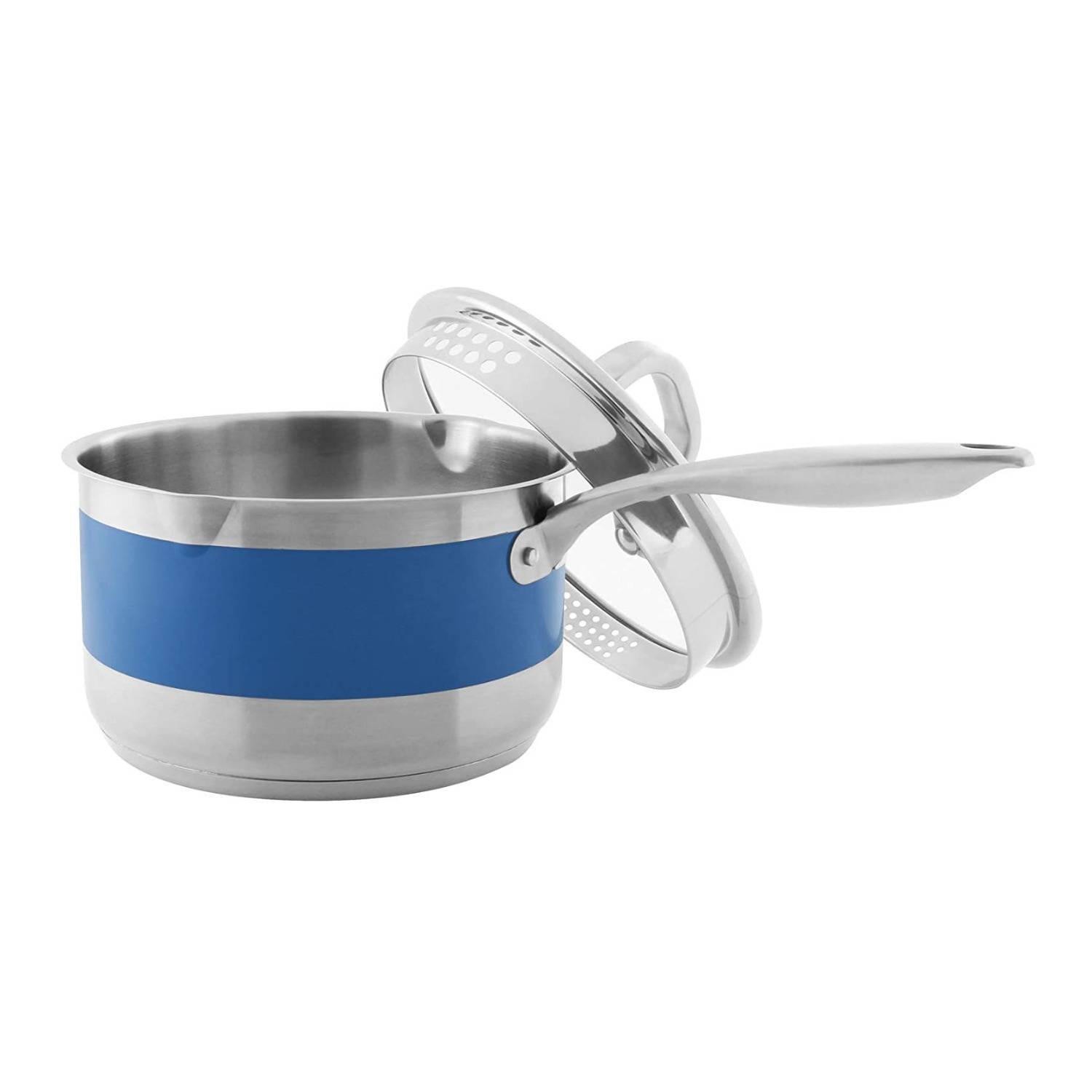 Chantal Stripes 2.5-Quart Pouring Saucepan with Strainer Glass Lid and Blue Cove Band