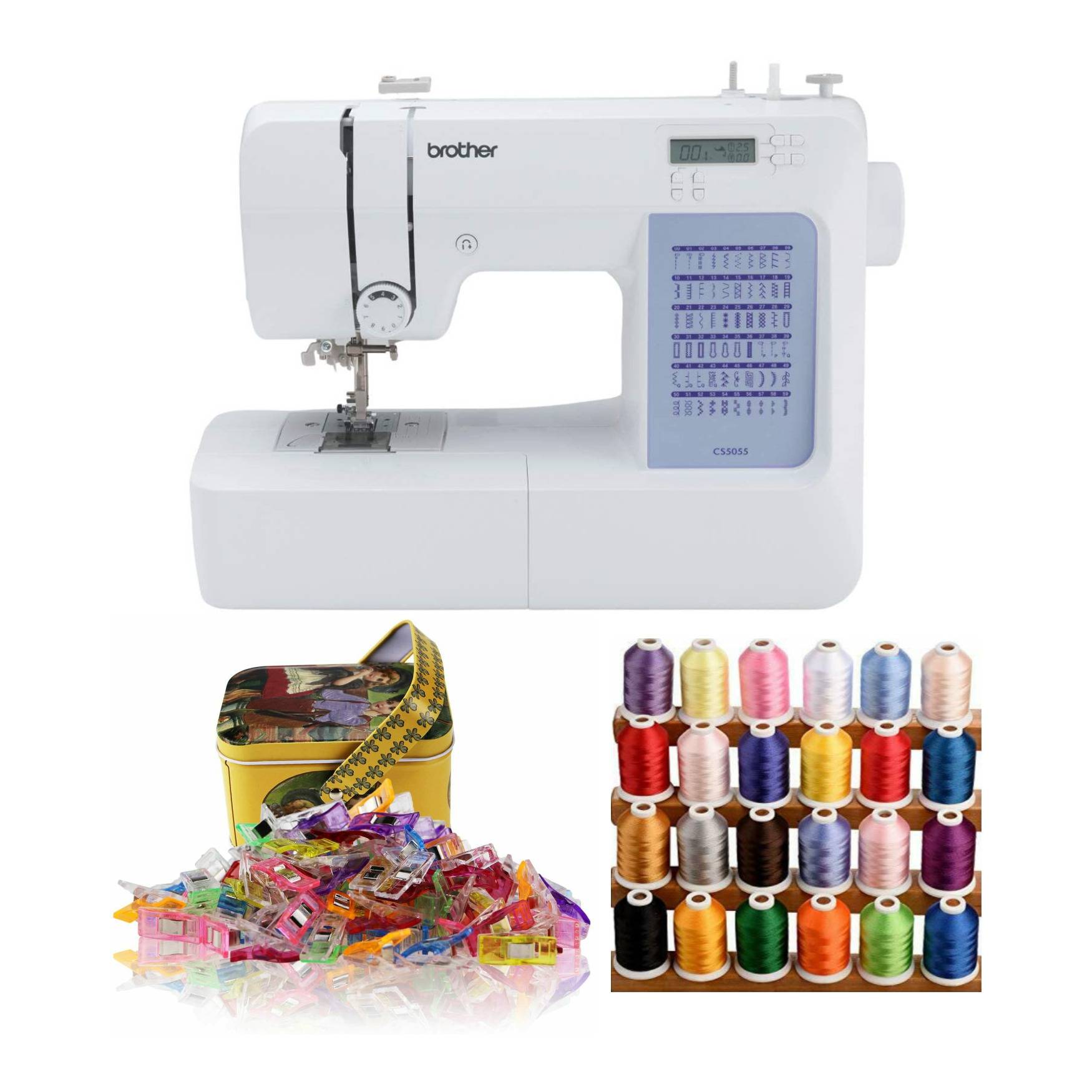 Brother CS5055 Sewing Machine (White) with 100 Sewing Clips, Tin Box and Polyester Embroidery Sewing Thread