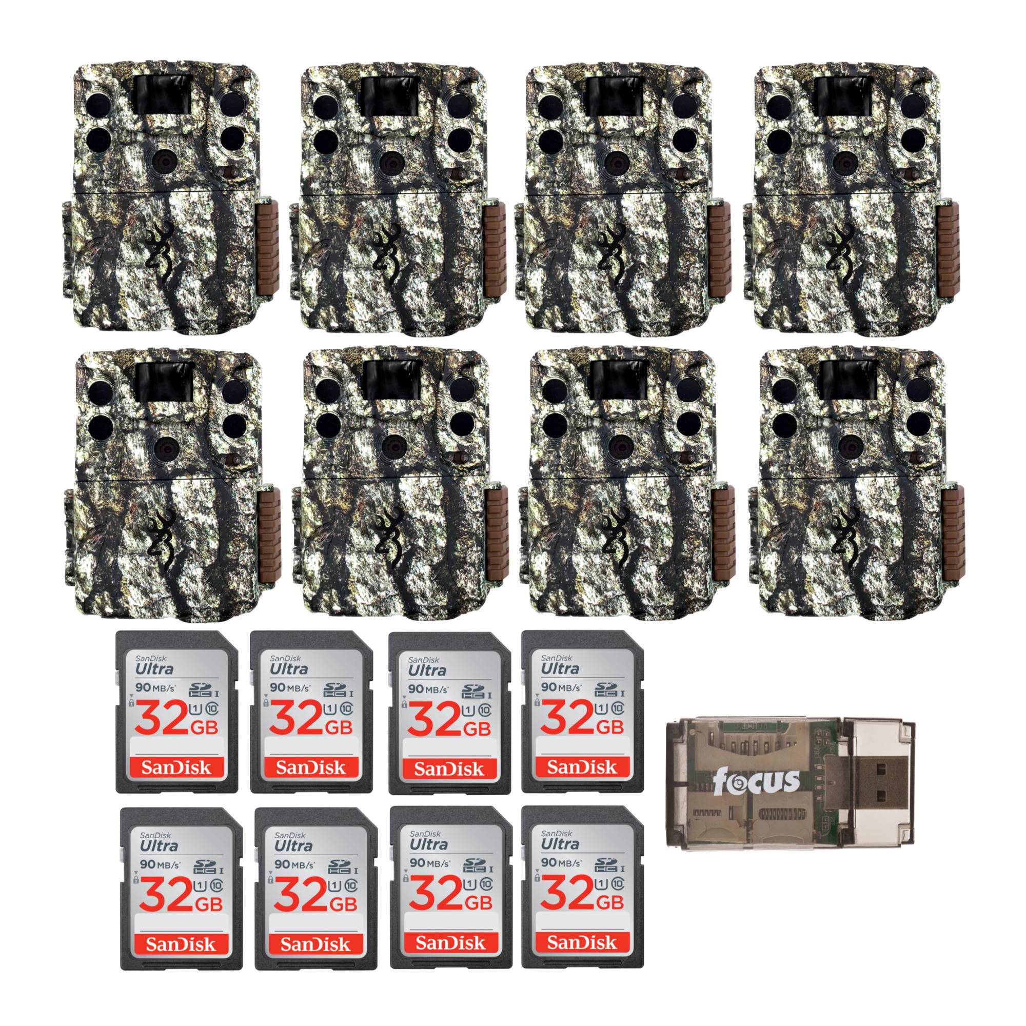Browning Trail Cameras Command Ops Elite 18MP Trail Camera (8-Pack) with 32GB SD Cards and Card Reader