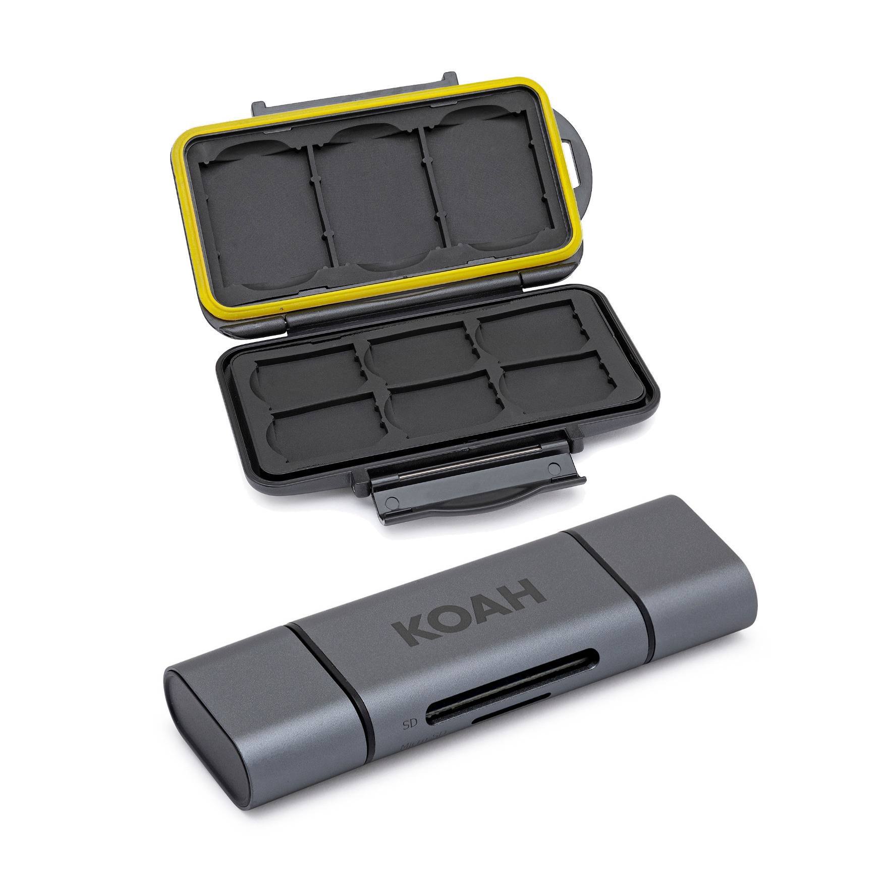 Koah Rugged Memory Storage Carrying Case and 2-in-1 Aluminum Dual Slot SD Card Reader Bundle