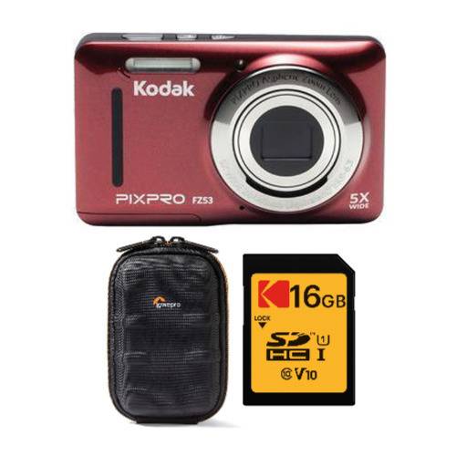 KODAK PIXPRO Friendly Zoom FZ53 Digital Camera (Red) - FZ53RD,Lowepro  Santiago 20 II Case for Compact Point and Shoot Camera (Black) -  SANTIAGO20II,Kodak 16GB Class 10 UHS-I U1 SDHC Memory Card 