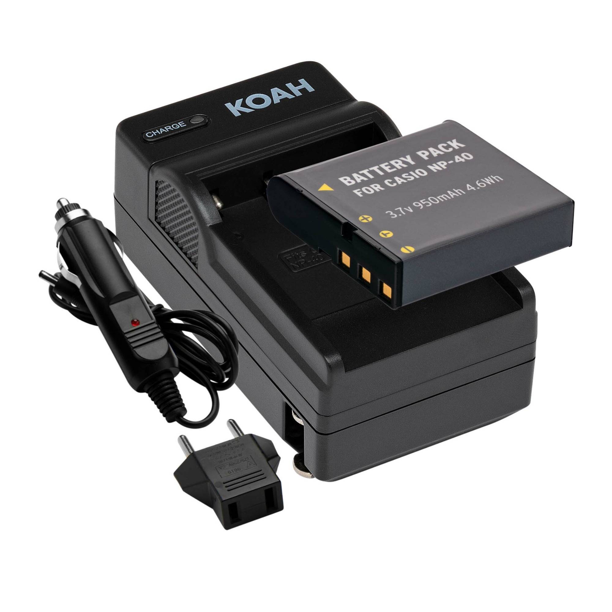 Koah Rechargeable Lithium-Ion Battery and Charger Kit Compatible with Casio NP-40 and Kodak LB-060