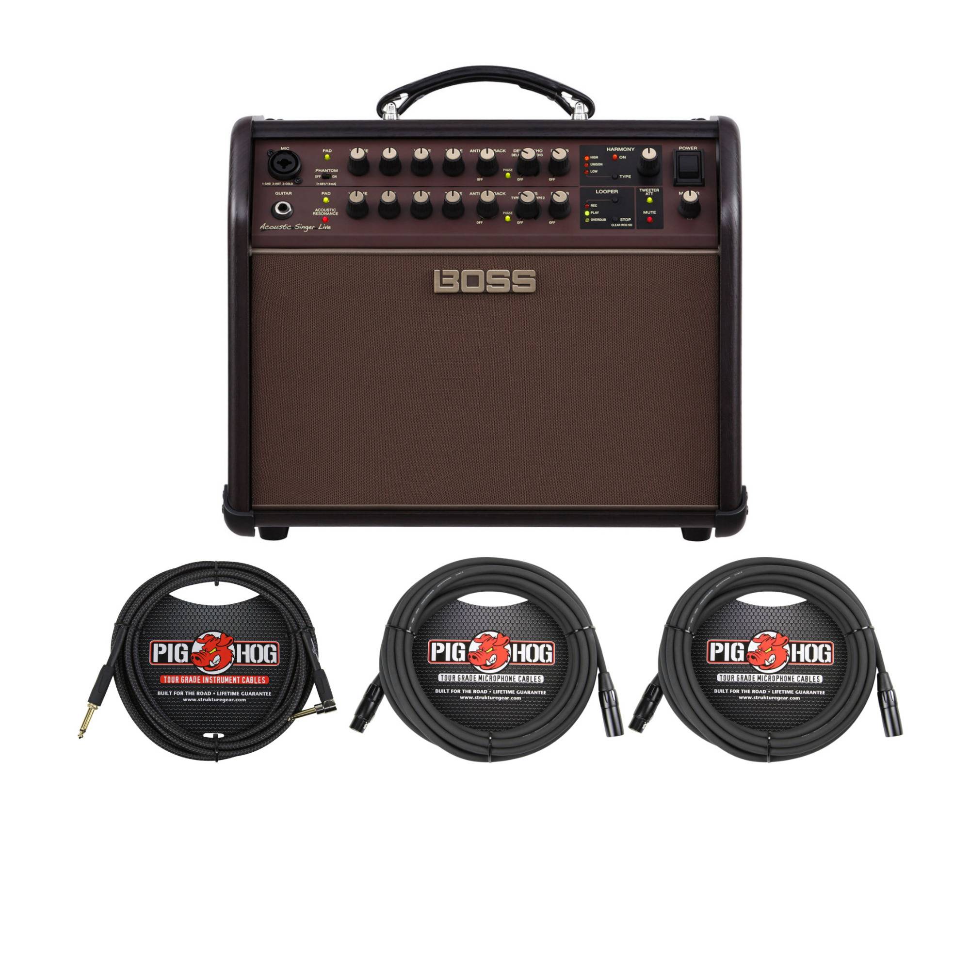 BOSS Acoustic Singer Live 60-Watt Bi-Amp Amplifier with Guitar Cable and XLR Cables Bundle