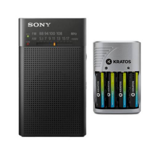 Sony ICFP27 Portable AM/FM Radio with Speaker (Black) with Charger with 4 AA Rechargeable Batteries