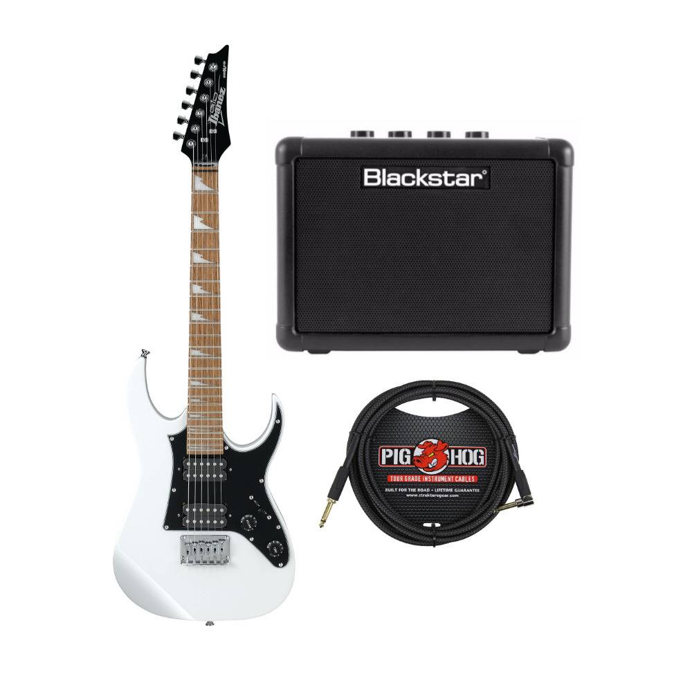 Ibanez GRGM21 miKro 6-String Electric Guitar (White) Bundle with Blackstar FLY3 Amp and 10-Ft Cable