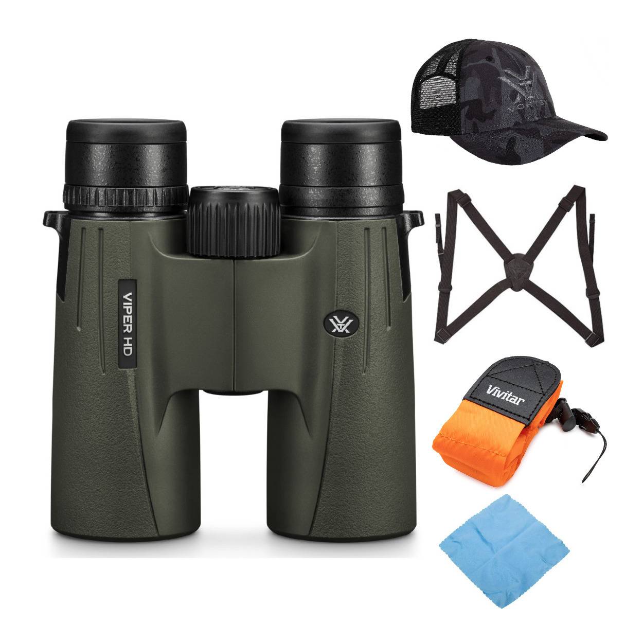 Vortex 10x42 Viper HD Roof Prism Binoculars with Bino Caddy Harness and Accessory Bundle
