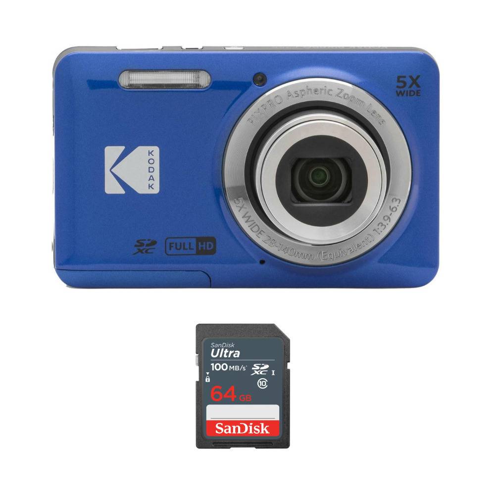 Kodak PIXPRO Friendly Zoom FZ55 Digital Camera (Blue) with 64GB Ultra SDXC UHS-I Memory Card