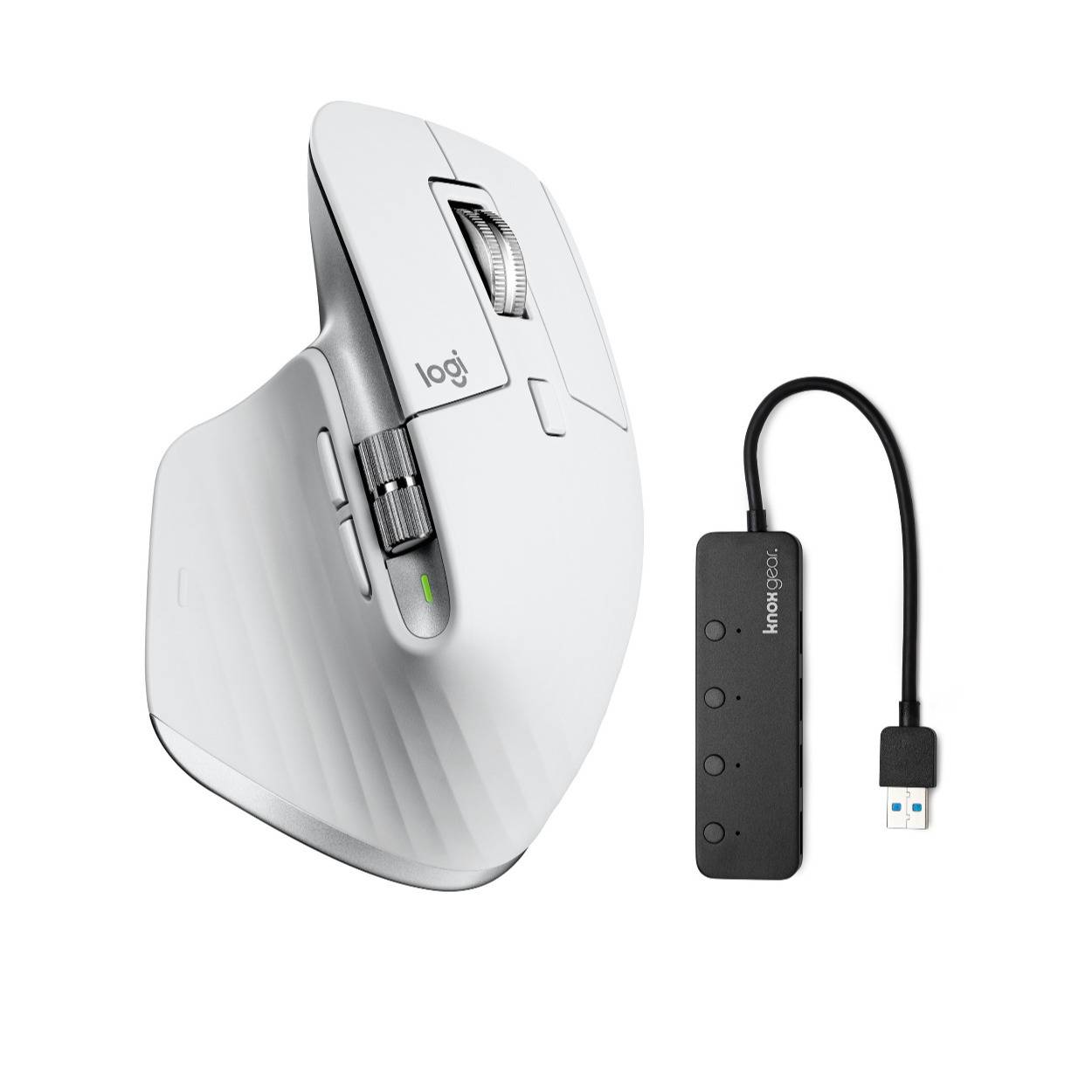 Logitech MX Master 3S Mouse (Pale Grey) and Knox Gear 4-Port USB 3.0 Hub