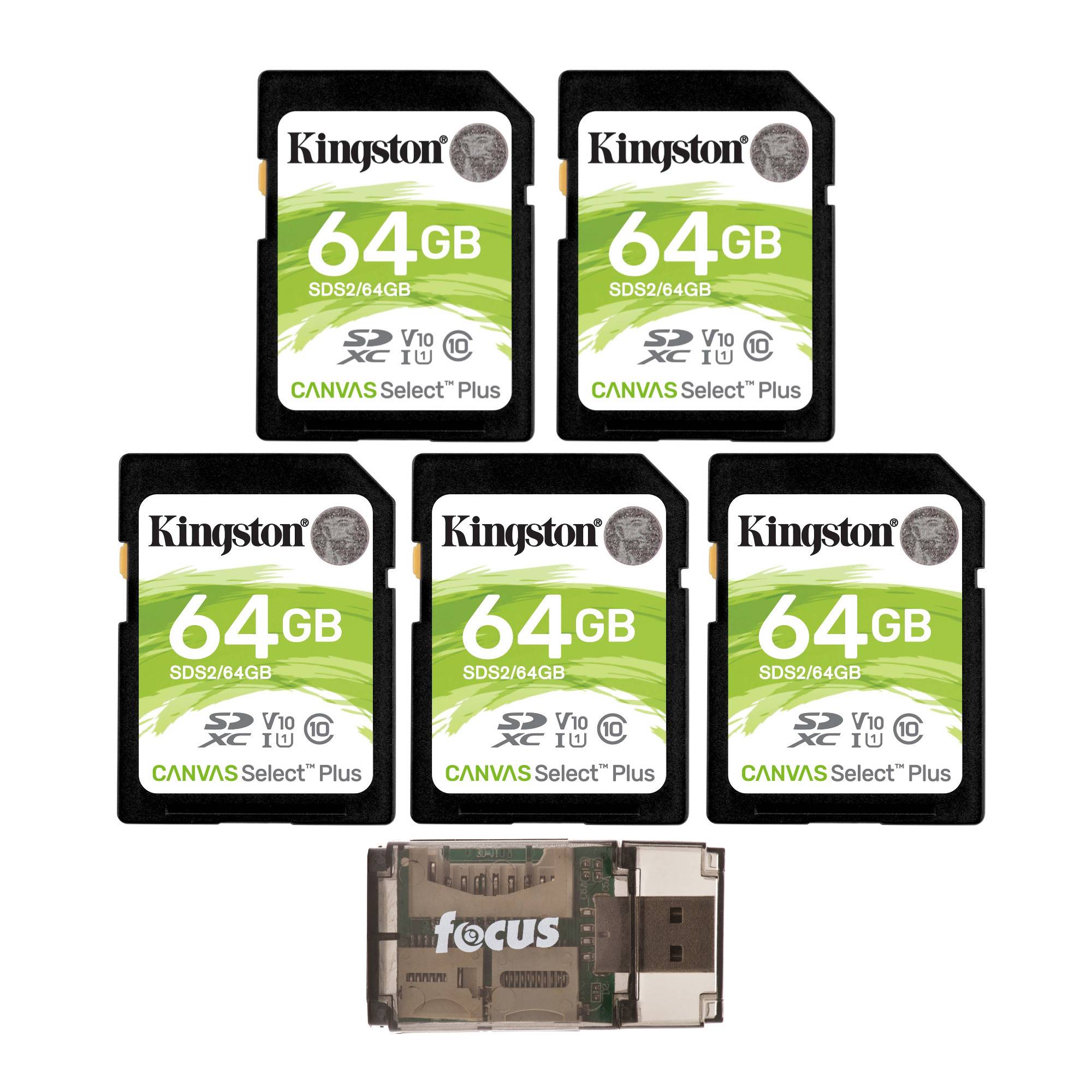 Kingston 64GB SDHC Canvas Select Plus Memory Card (5-Pack) with Focus High Speed Card Reader