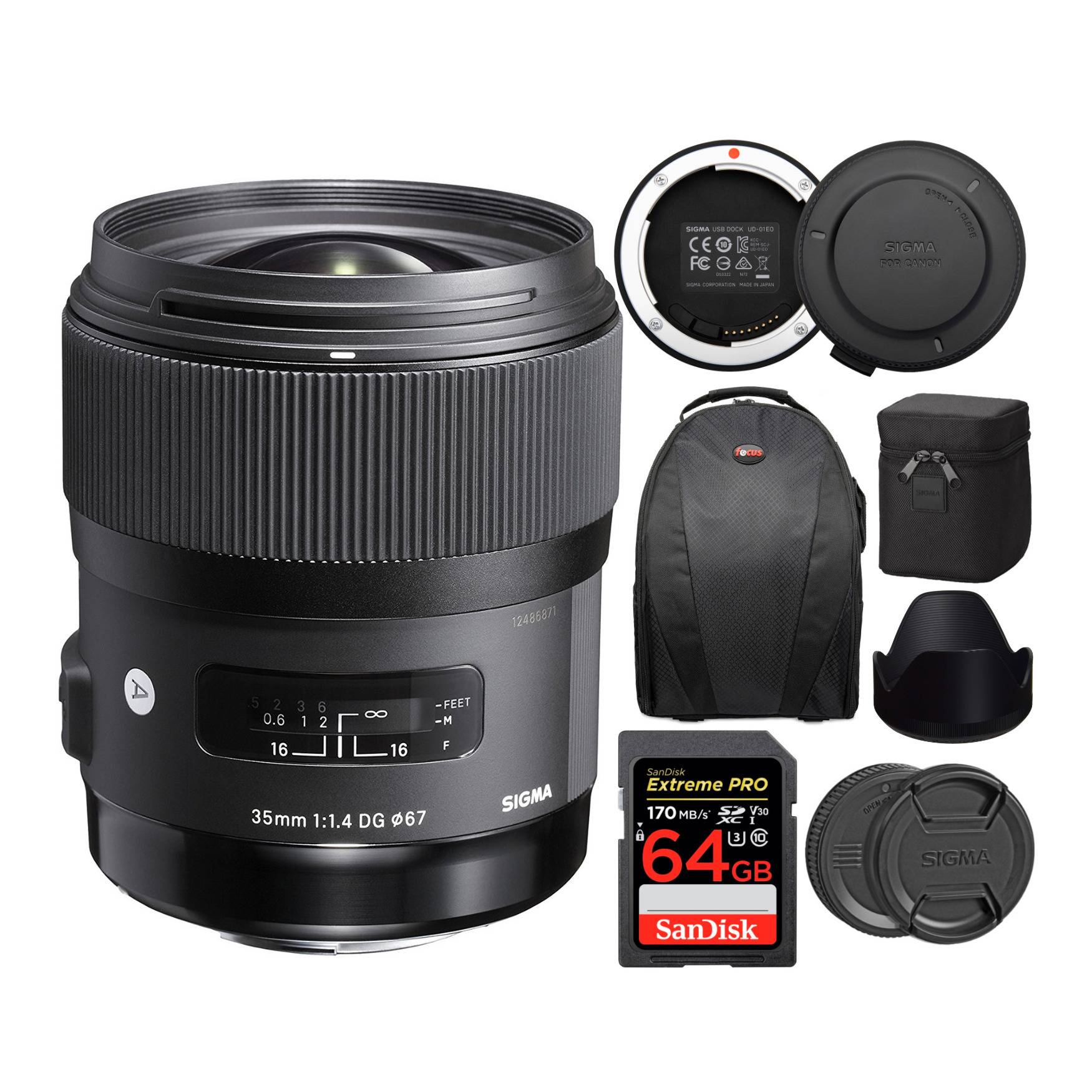 Sigma 35mm f/1.4 DG HSM ART Lens for Canon EF with USB Dock AND 64GB Extreme PRO SD Card Bundle