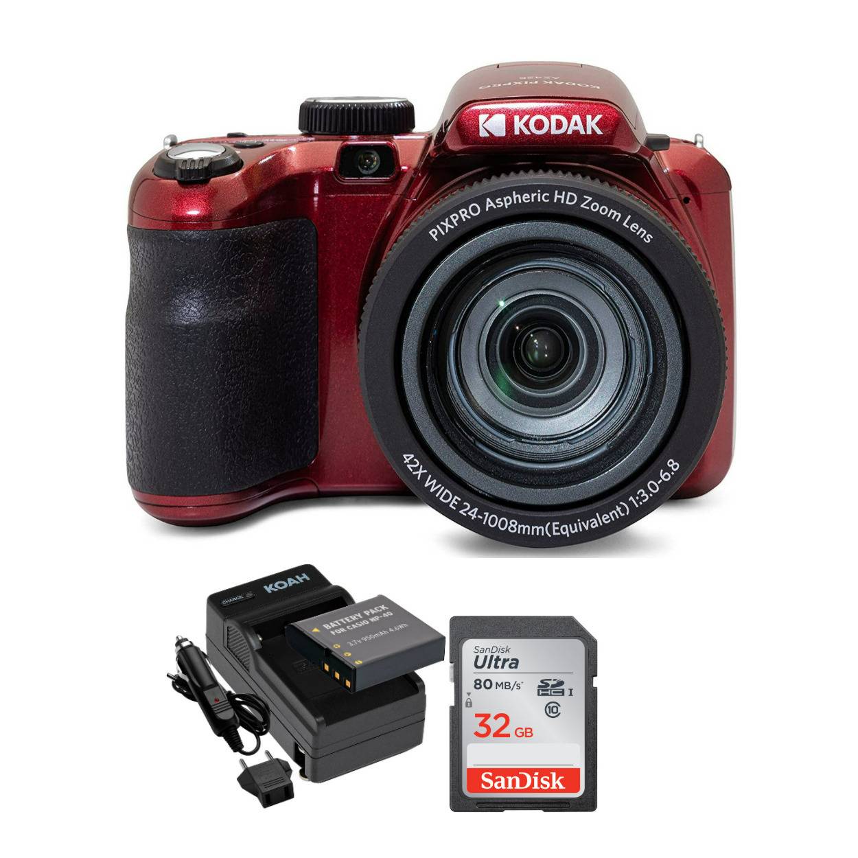 Kodak PIXPRO AZ425 Astro Zoom Camera (Red) with 32GB Card and Rechargeable Battery and Charger Kit