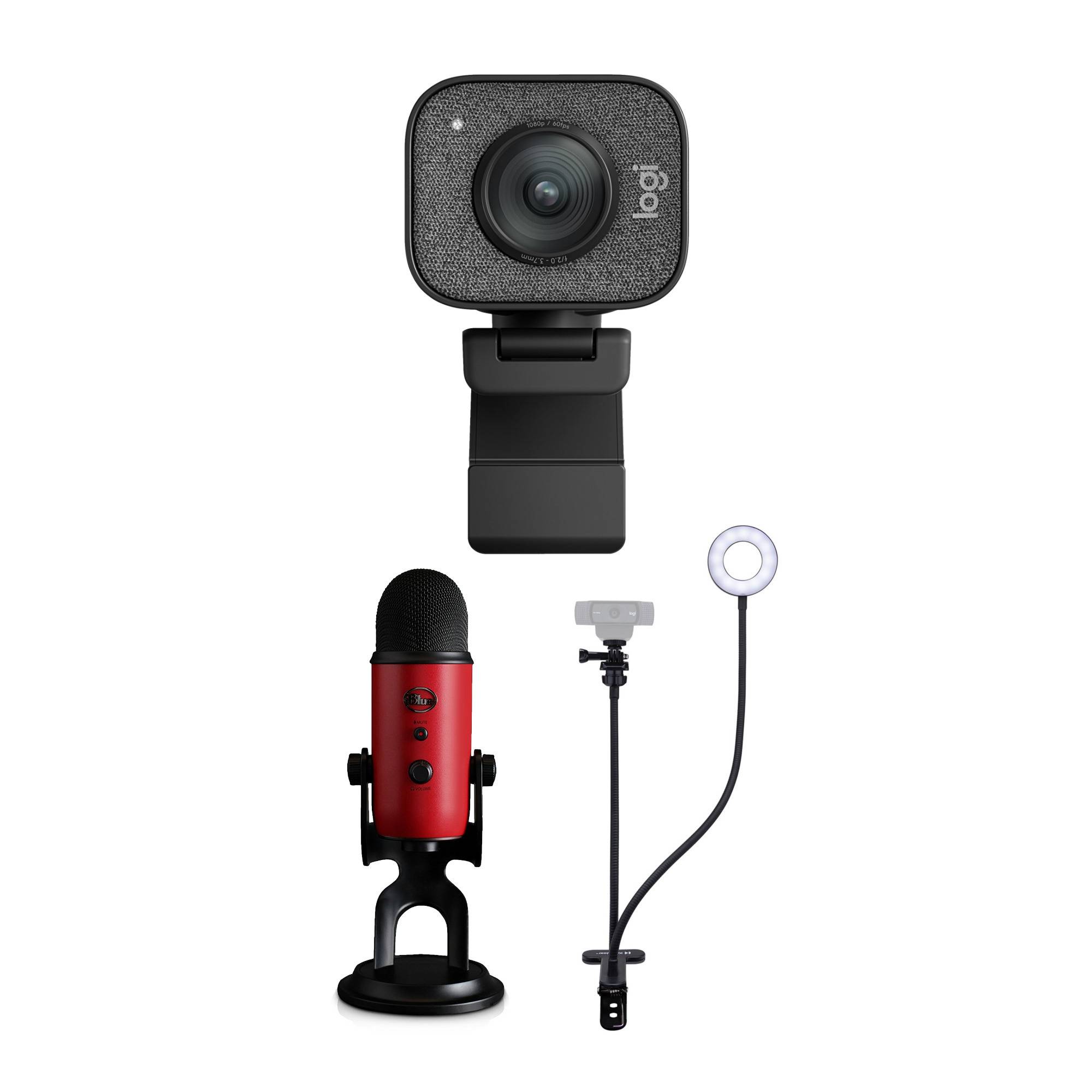 Logitech StreamCam Plus USB-C Webcam & Built-in Mic(Graphite) with Blue Yeti Red and Knox Ring Light