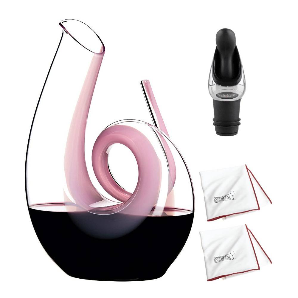 Riedel Curly Decanter (Pink) with 2 Polishing Cloths and Wine Pourer