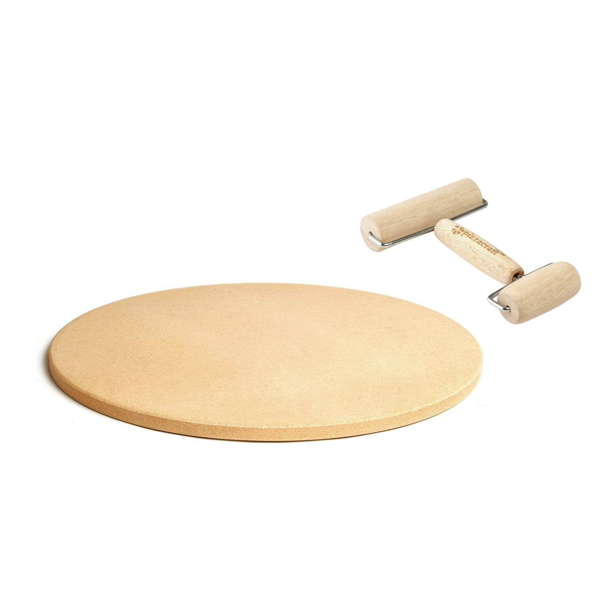 Pizzacraft PC0212 Hardwood Double Dough Roller with Round ThermaBond Baking/Pizza Stone