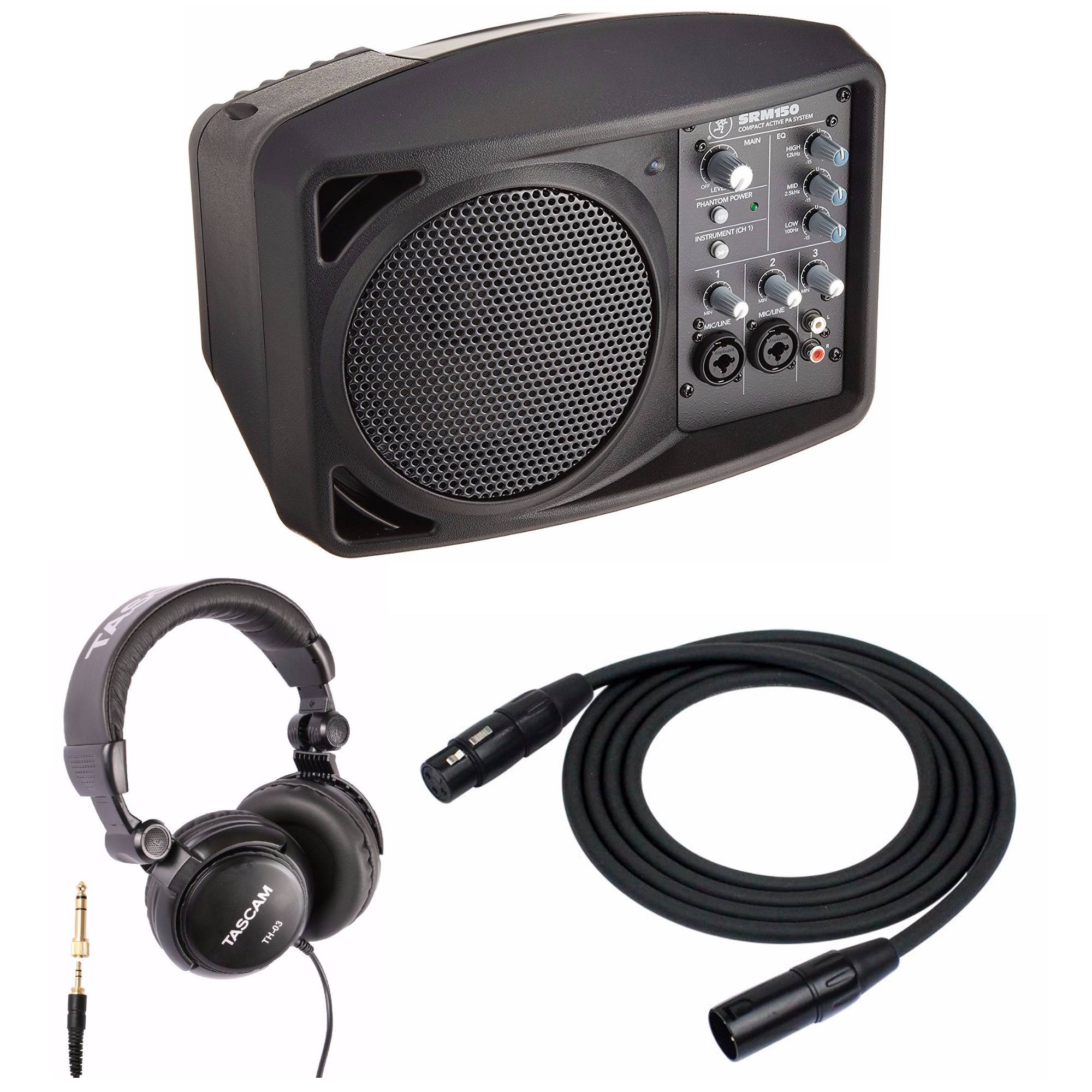 Mackie SRM150 5.25-Inch Compact Powered Active PA System Bundle with XLR Microphone Cables and Full-Sized Headphones