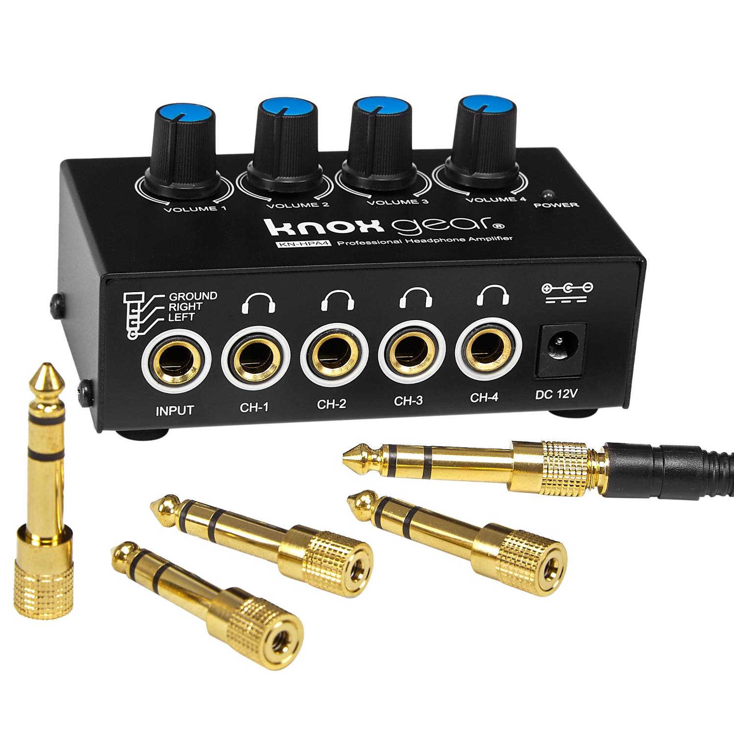 Knox Gear Compact 4-Channel Stereo Headphone Amplifier with DC 12V Power Adapter