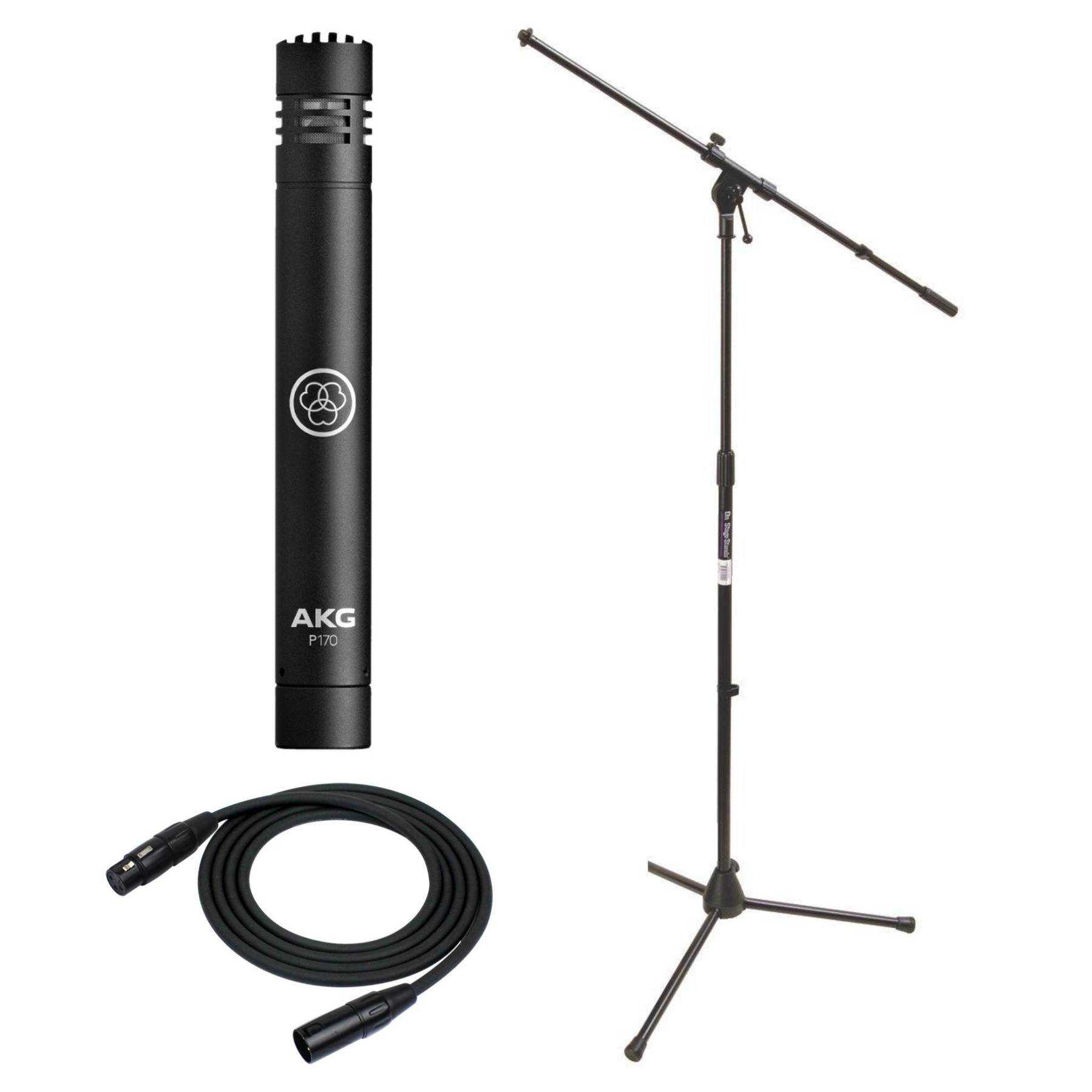 AKG P170 Professional Instrumental Microphone with Microphone Stand and Cable Bundle