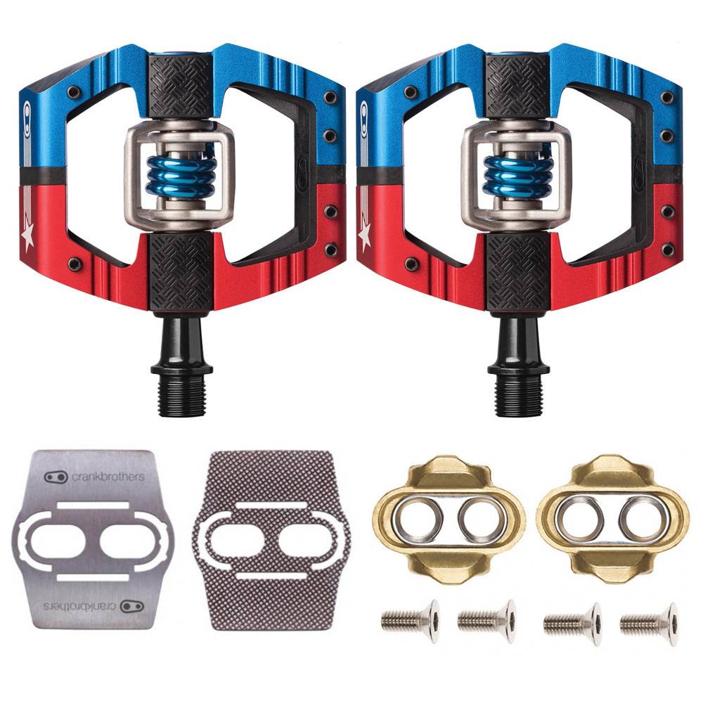 Crank Brothers Mallet Enduro Bike Pedals (USA Red and Blue) and Shoe Shields Bundle