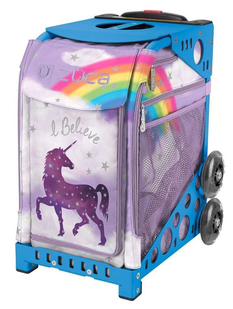 Zuca Unicorn Sport Insert Bag and Blue Frame with Flashing Wheels