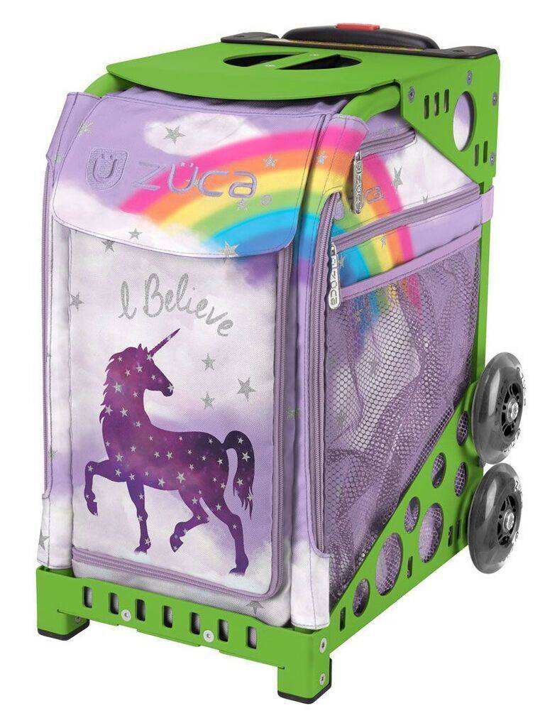 Zuca Unicorn Sport Insert Bag and Green Frame with Flashing Wheels