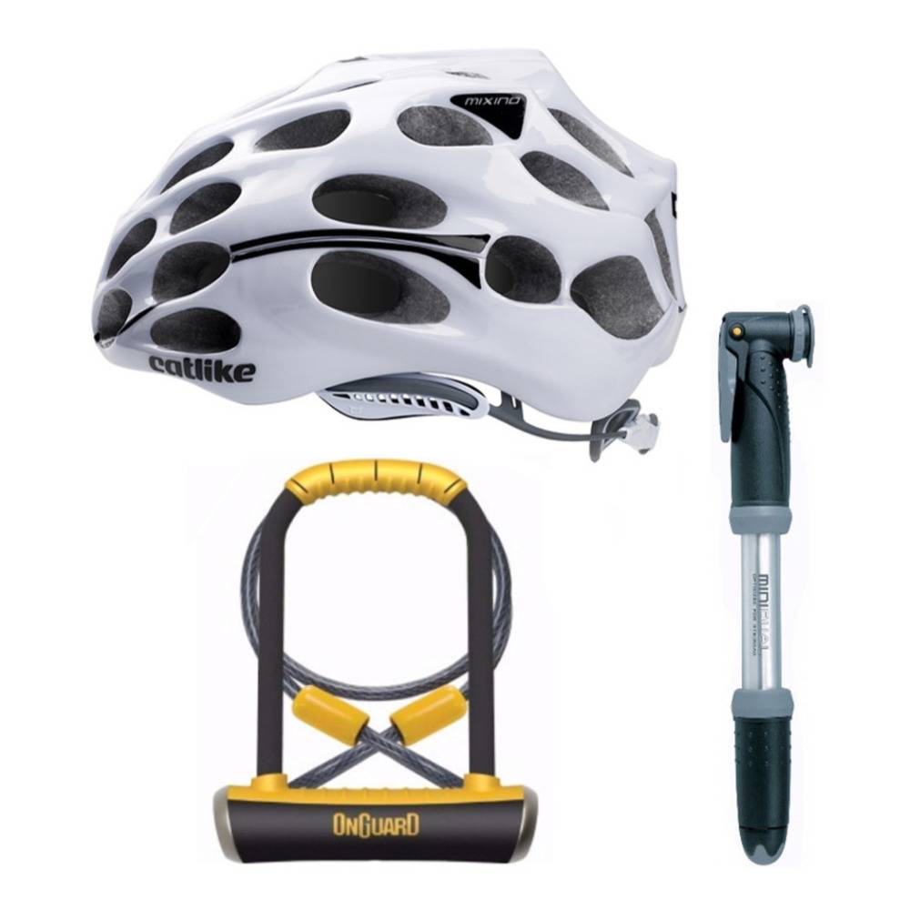 Catlike Mixino Bike Helmet (White, Medium) with U-Lock/Cable Lock and Mini Pump