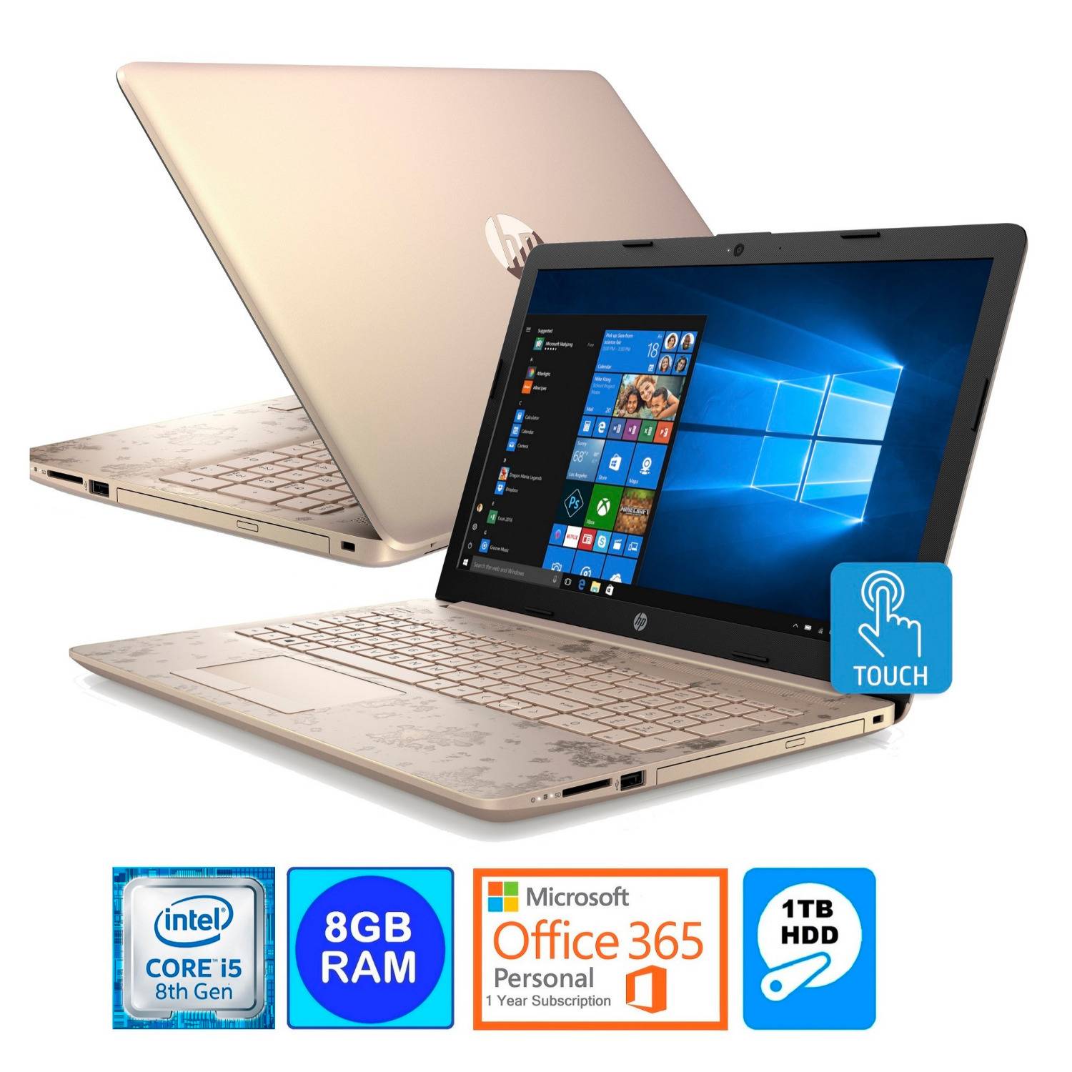 HP 15.6” HD Touch Screen Laptop Intel i5-8250U 8GB 1TB HDD Office 365 Personal 1Yr. (Pale Rose Gold)