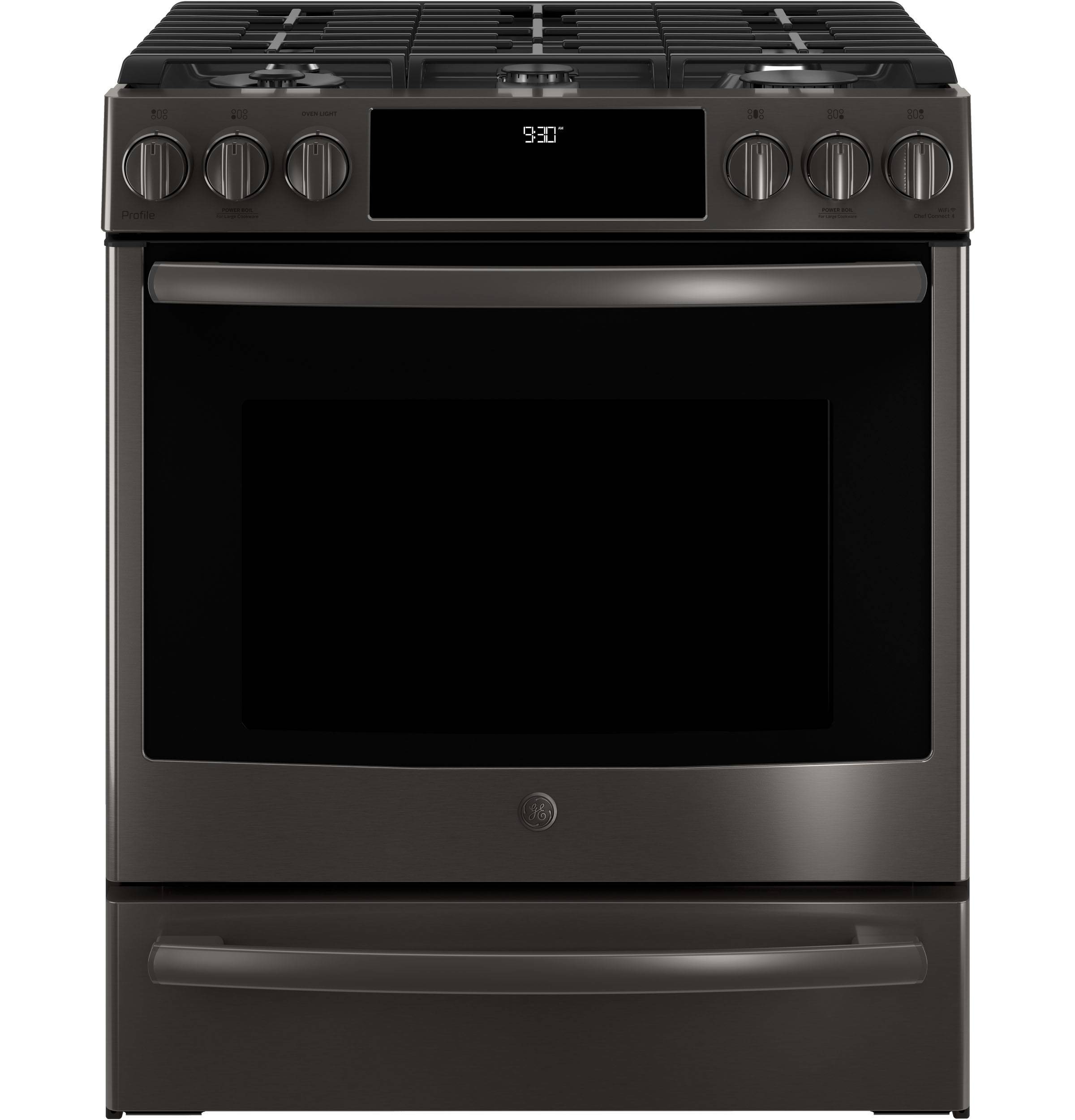 GE Profile™ Series 30" Slide-In Front Control Gas Range (Black Stainless)