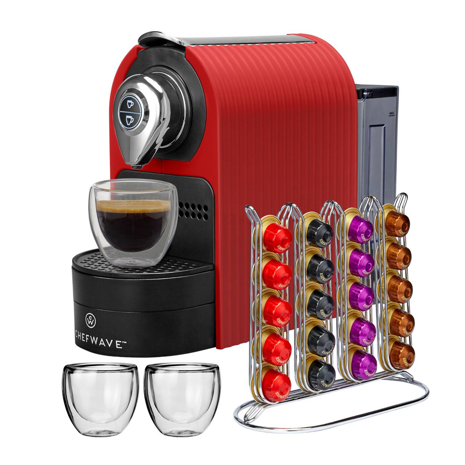 ChefWave Mini Espresso Machine for Nespresso Compatible Capsules (Red) with Capsule Holder and Cups
