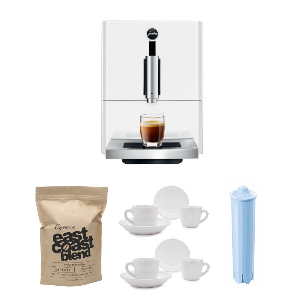 Jura A1 Automatic Coffee Machine with PEP (Piano White) with Cartridge, Espresso Cups and Whole Bean Coffee Bundle