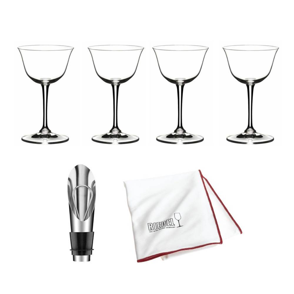 Riedel 6417/06 Drink Specific Glassware Sour Cocktail Glass, 7 oz,, Set of 4 + Wine Pourer + Polishing Cloth Bundle