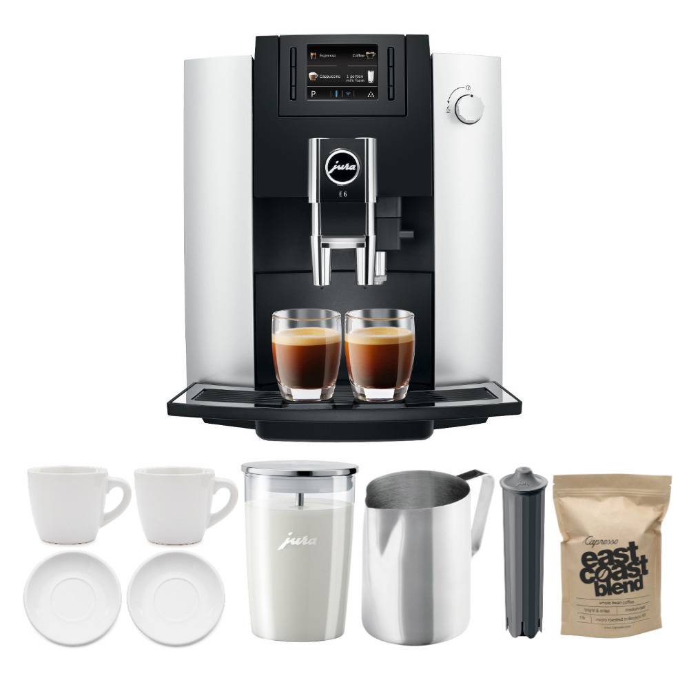 Jura 15070 E6 Automatic Coffee Center (Platinum) with Milk Container, Smart Filter, Coffee, Pitcher and Cup Bundle