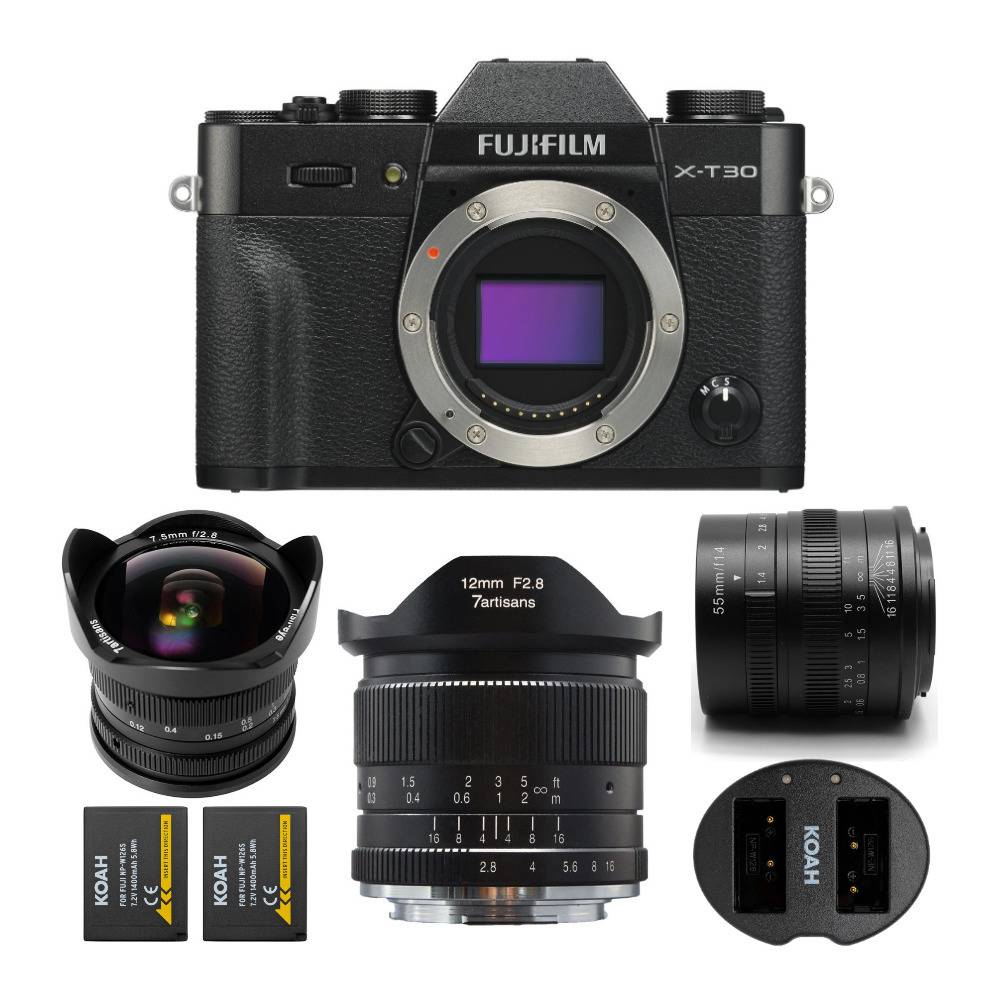 Fujifilm X-T30 Mirrorless Camera (Black) with  7.5mm, 55mm, and 12mm Lens Bundle
