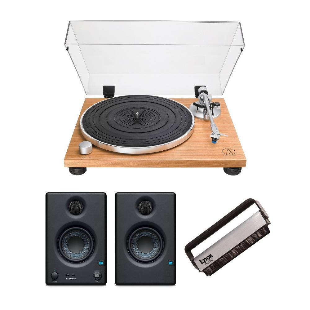 Audio-Technica AT-LPW30TK Turntable with Eris 3.5 Studio Monitor (Pair) and Knox Gear Record Brush