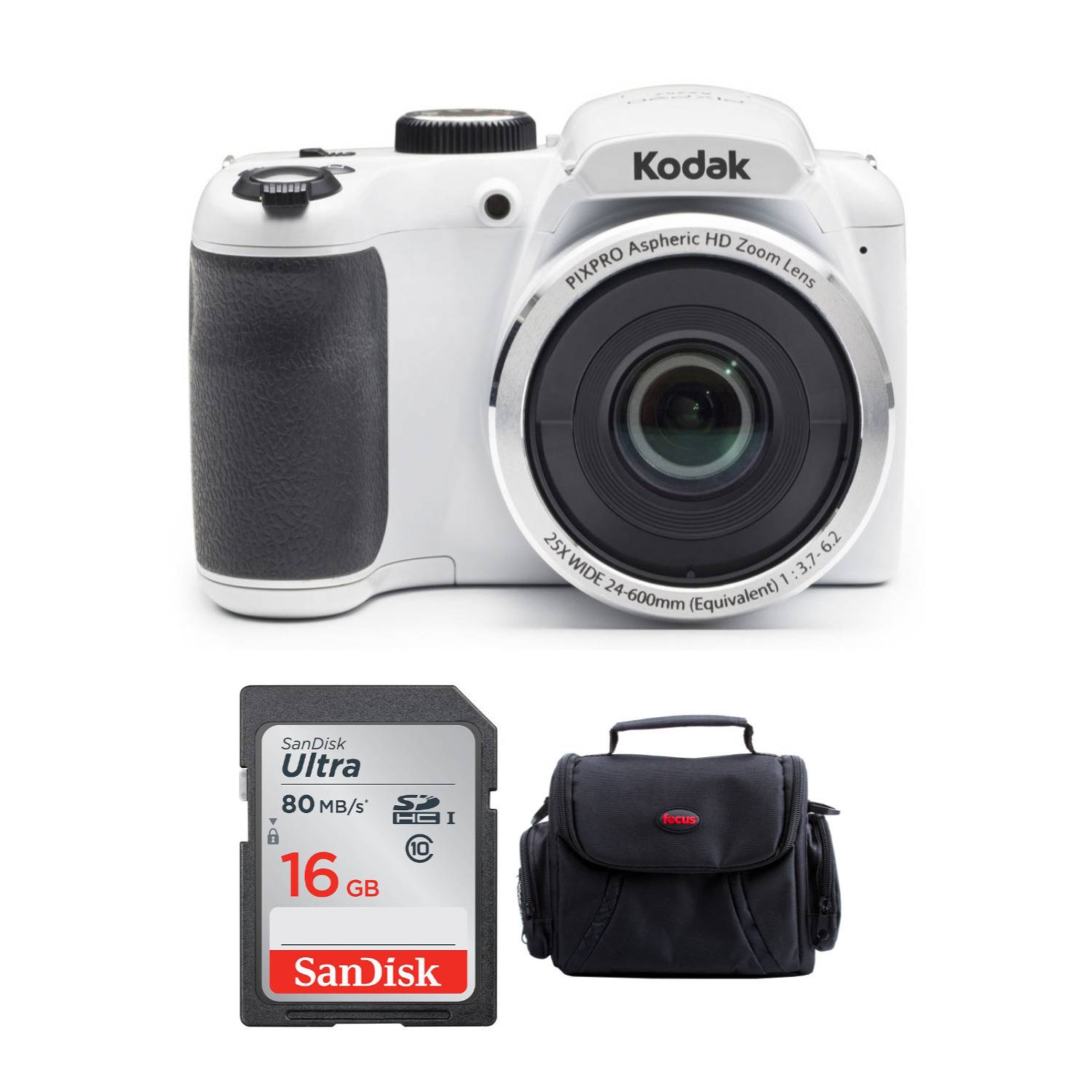 Kodak PIXPRO AZ252 Astro Zoom 16MP Digital Camera (White) with 16GB SD Card and Case Bundle