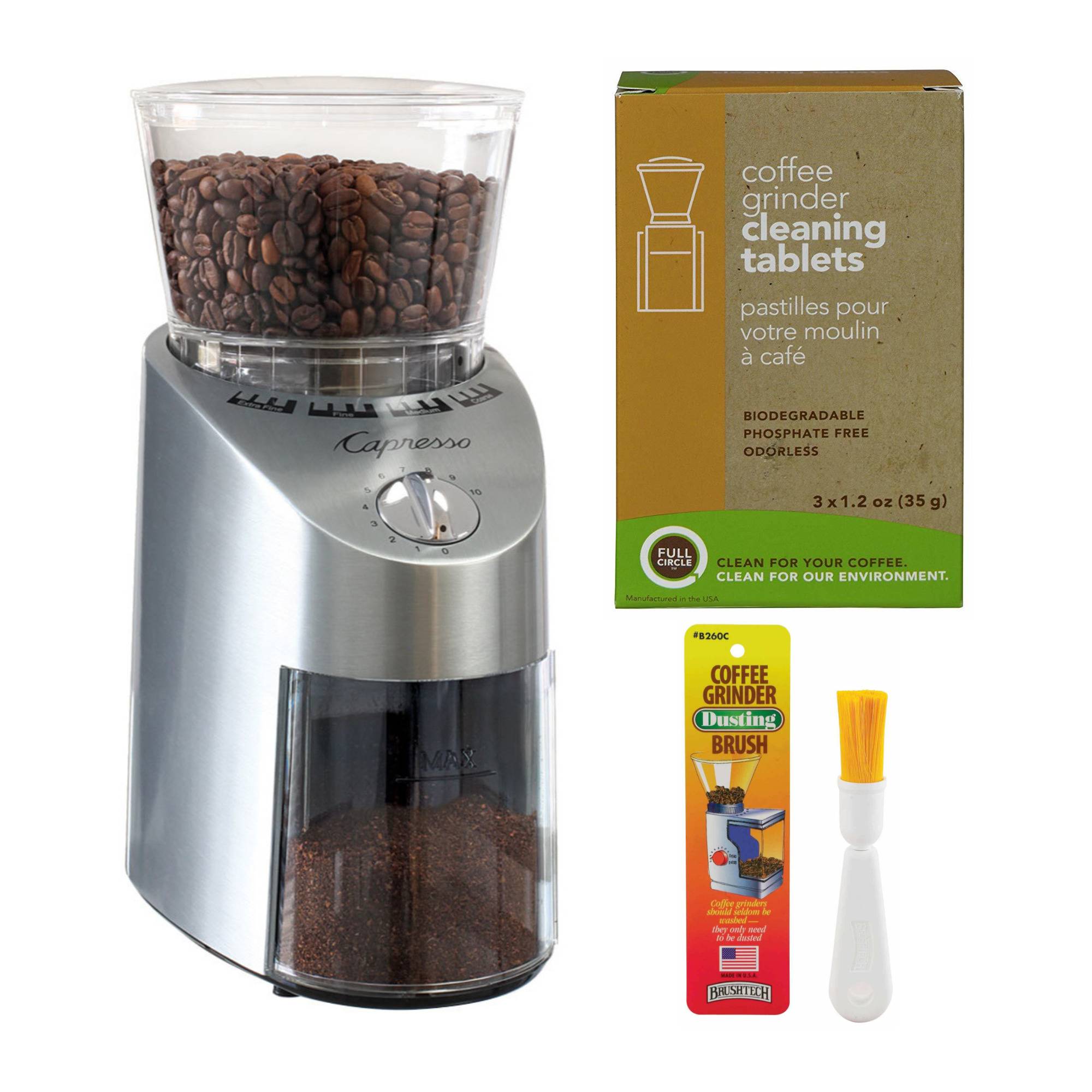 Capresso 565.05 Infinity Stainless Steel Conical Burr Grinder with Brush and Cleaning Tablets