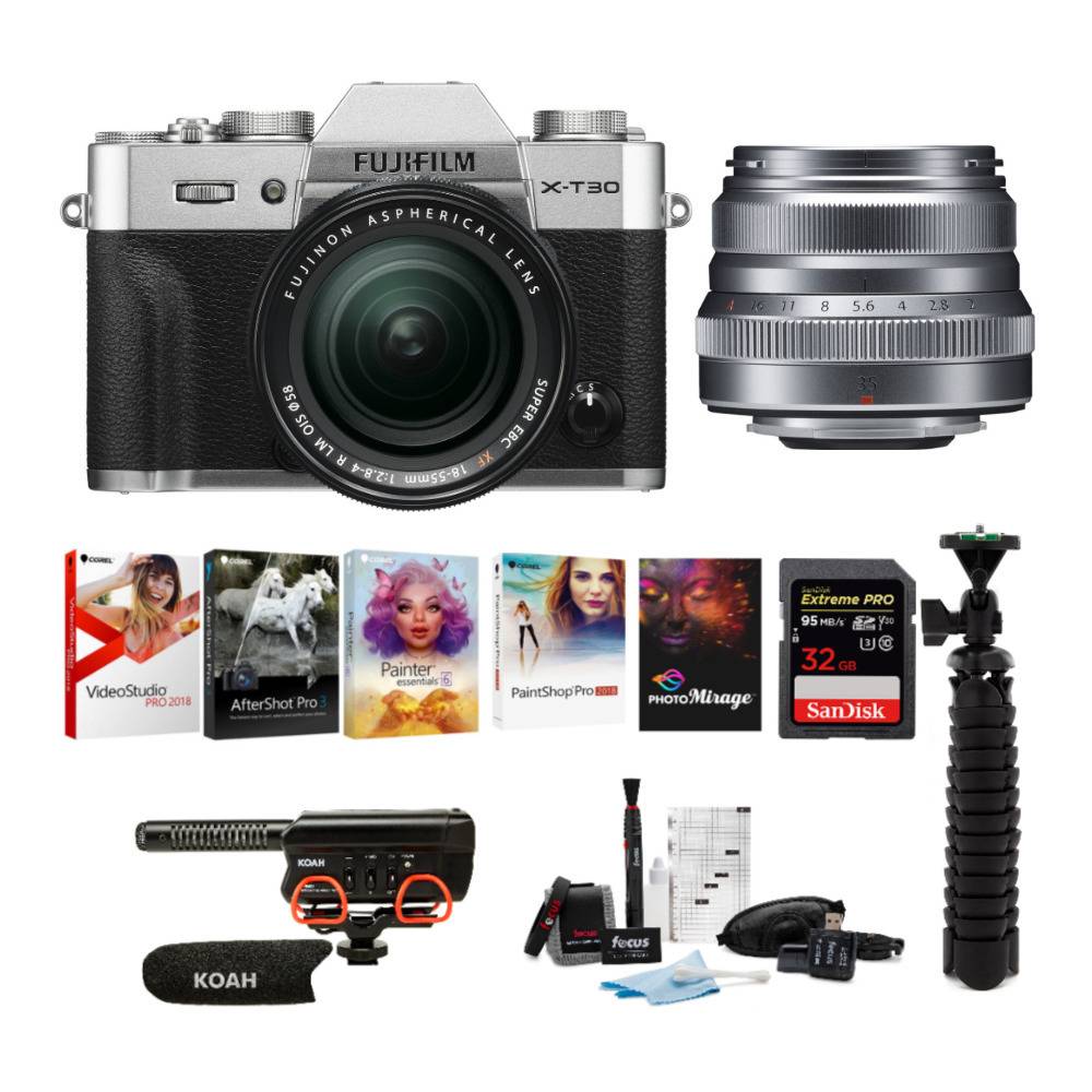 Fujifilm X-T30 Mirrorless Camera (Silver) with 18-55mm and 35mm Lens Mic Bundle