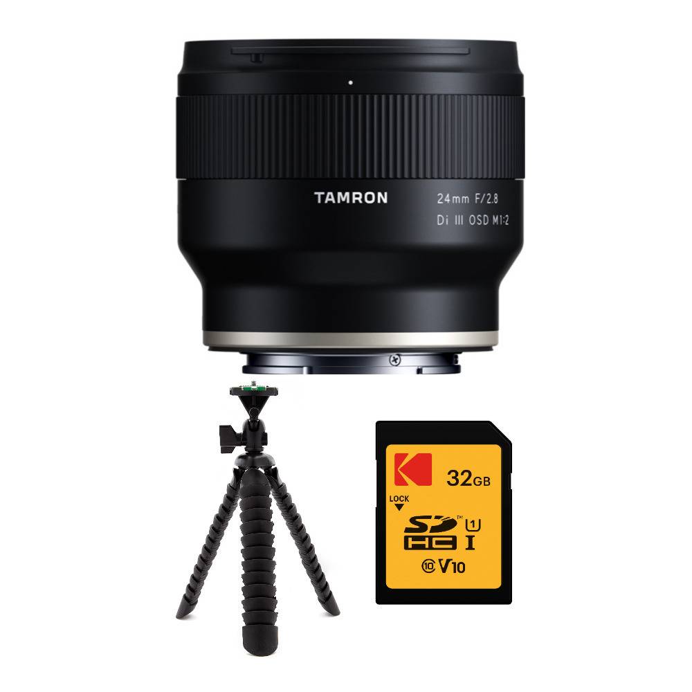 Tamron 24mm f/2.8 Di III OSD Wide-Angle Prime Lens for Sony E-Mount with 32GB Card and 12-inch Spider Tripod Bundle